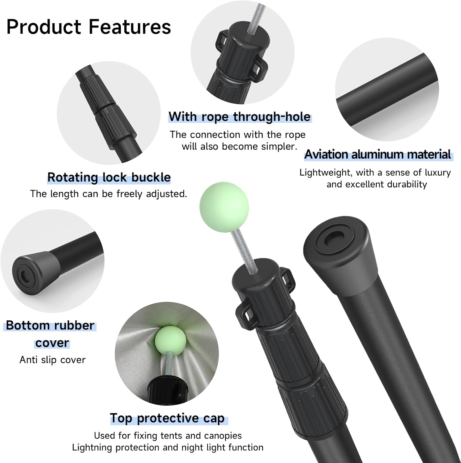 KOMCLUB Telescoping Tarp Poles | Adjustable Tent Poles Stepless Height Adjustment 97-245Cm Retractable without Assembly, Outdoor Camping Storage Bag Included - Silver image number 6