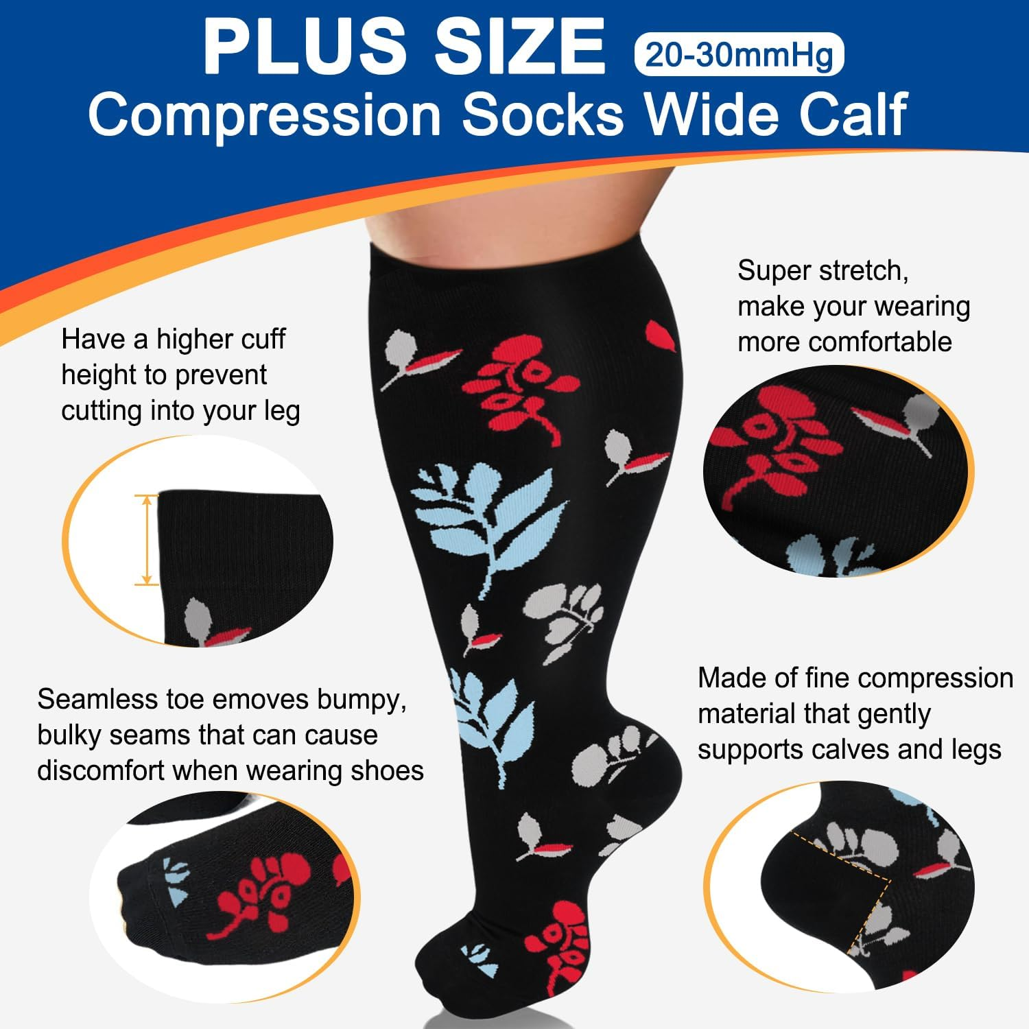 Diu Life plus Size Compression Socks for Women & Men 20-30 Mmhg Extra Wide Calf Knee High Support Socks for Circulation image number 2