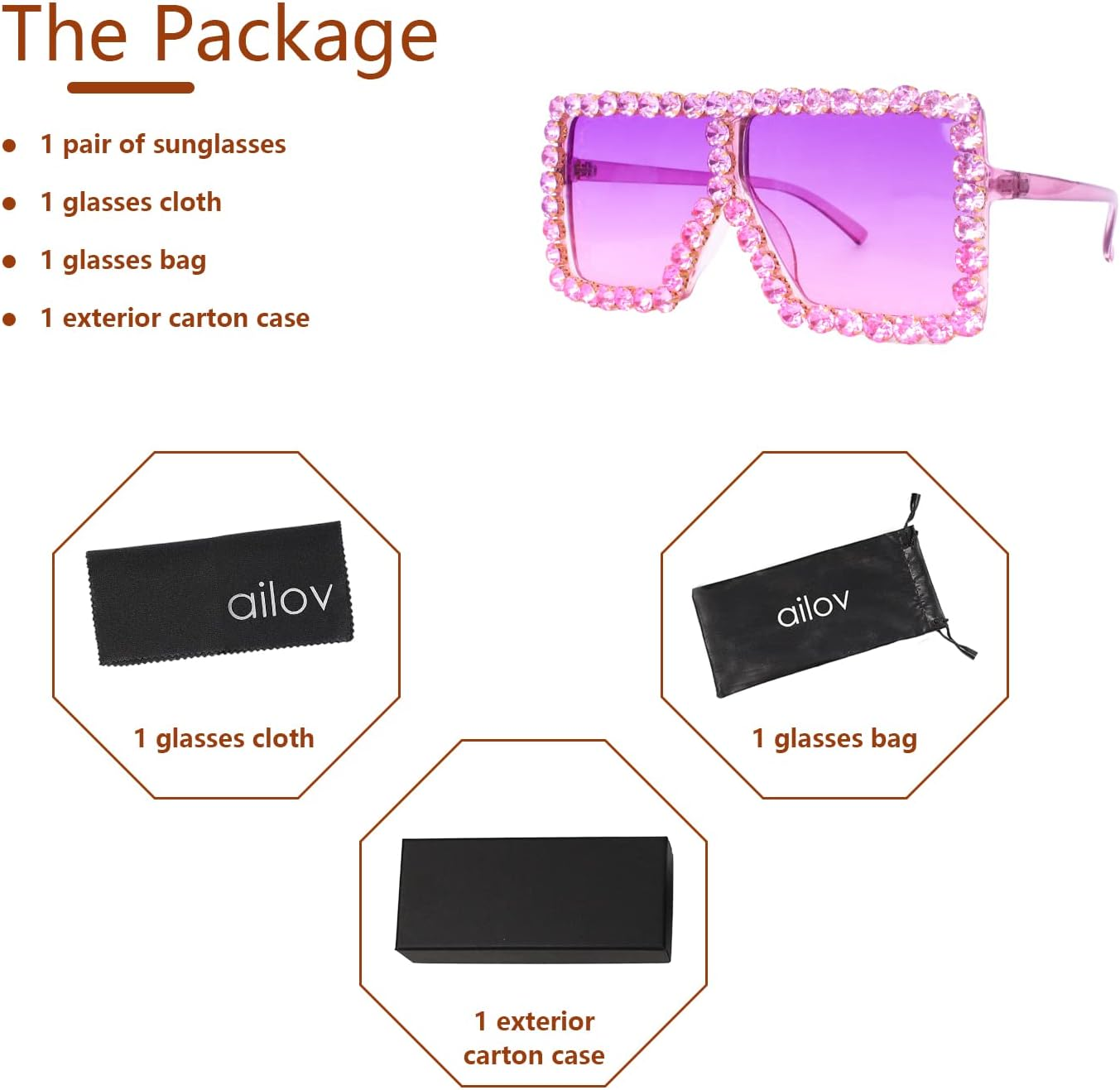 Ailov Oversized Trendy Crystal Sunglasses for Men Women Elton Party Favors Rhinestone Rectangle Glasses
