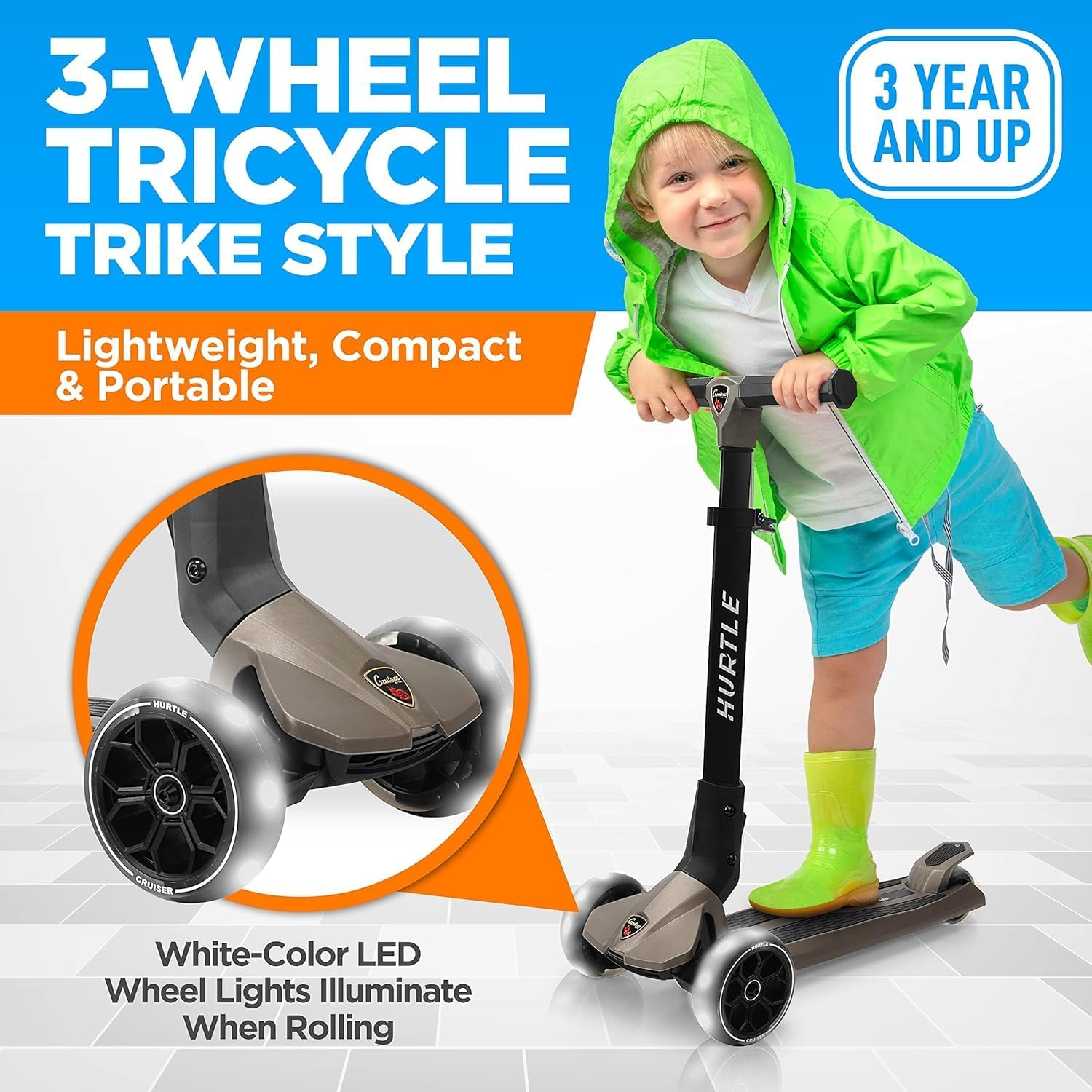 Hurtle 3 Wheeled Scooter for Kids - Foldable Stand Child Toddlers Toy Kick Scooters W/Built-In LED Wheel Lights, Anti-Slip Wide Deck, Adjustable Height, Great for Outdoor Fun image number 2