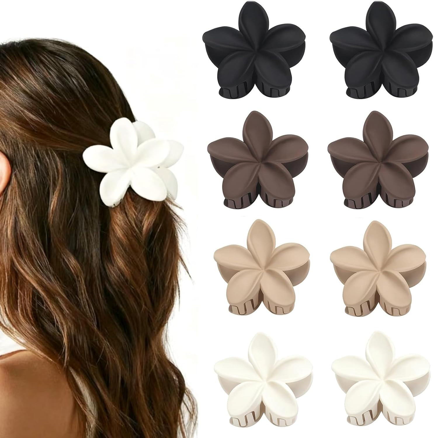 8 Pcs Large Hawaiian Hair Claw Clips Floral Hair Claw Clips Wide Flower Design for Women (Black, Brown, Beige) image number 1