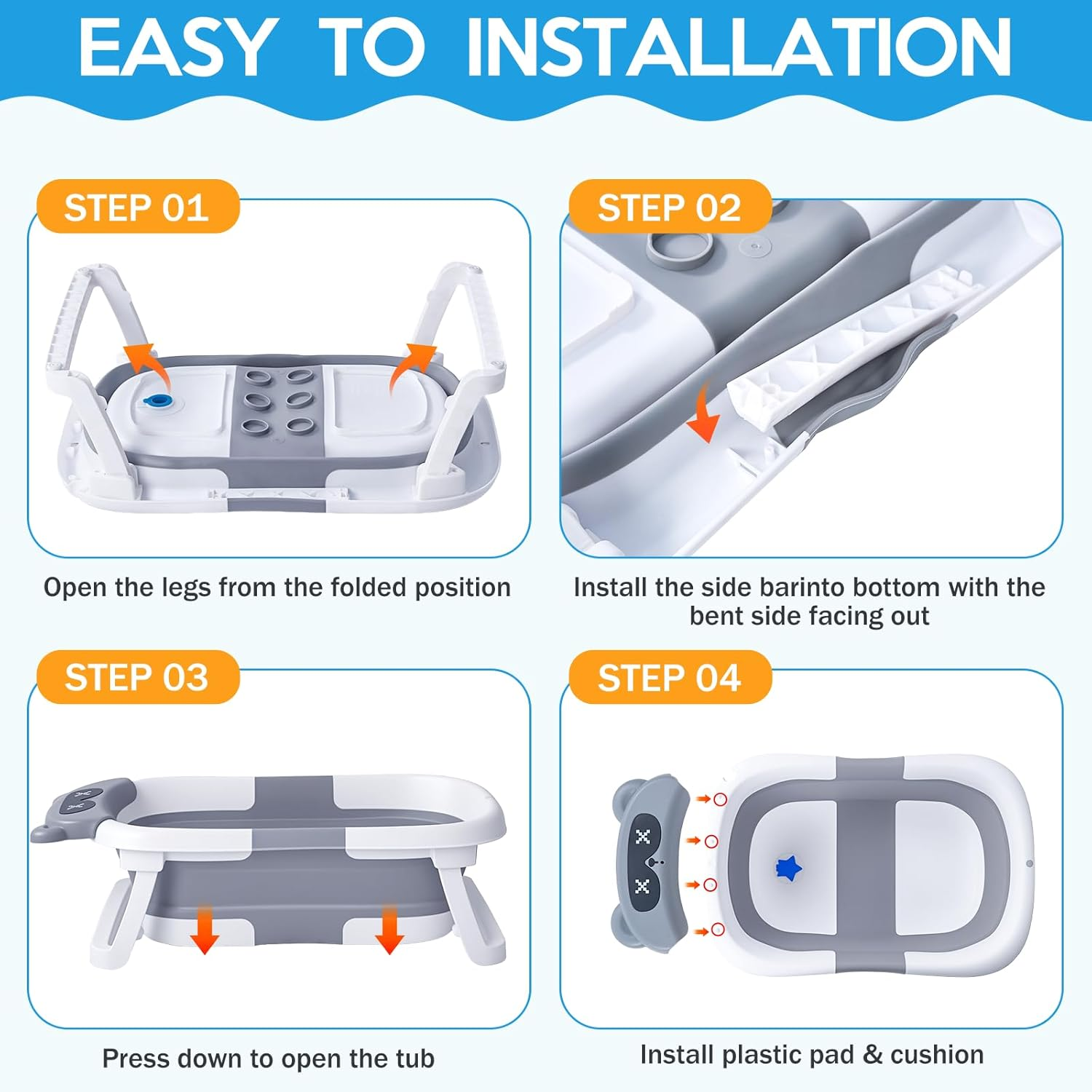 Collapsible Baby Bathtub for Newborn to Toddler,Durable Essential Grooming Infant Shower Tub,Portable Travel Baby Tub with Soft Cushion,No-Slip Hanging and Detachable