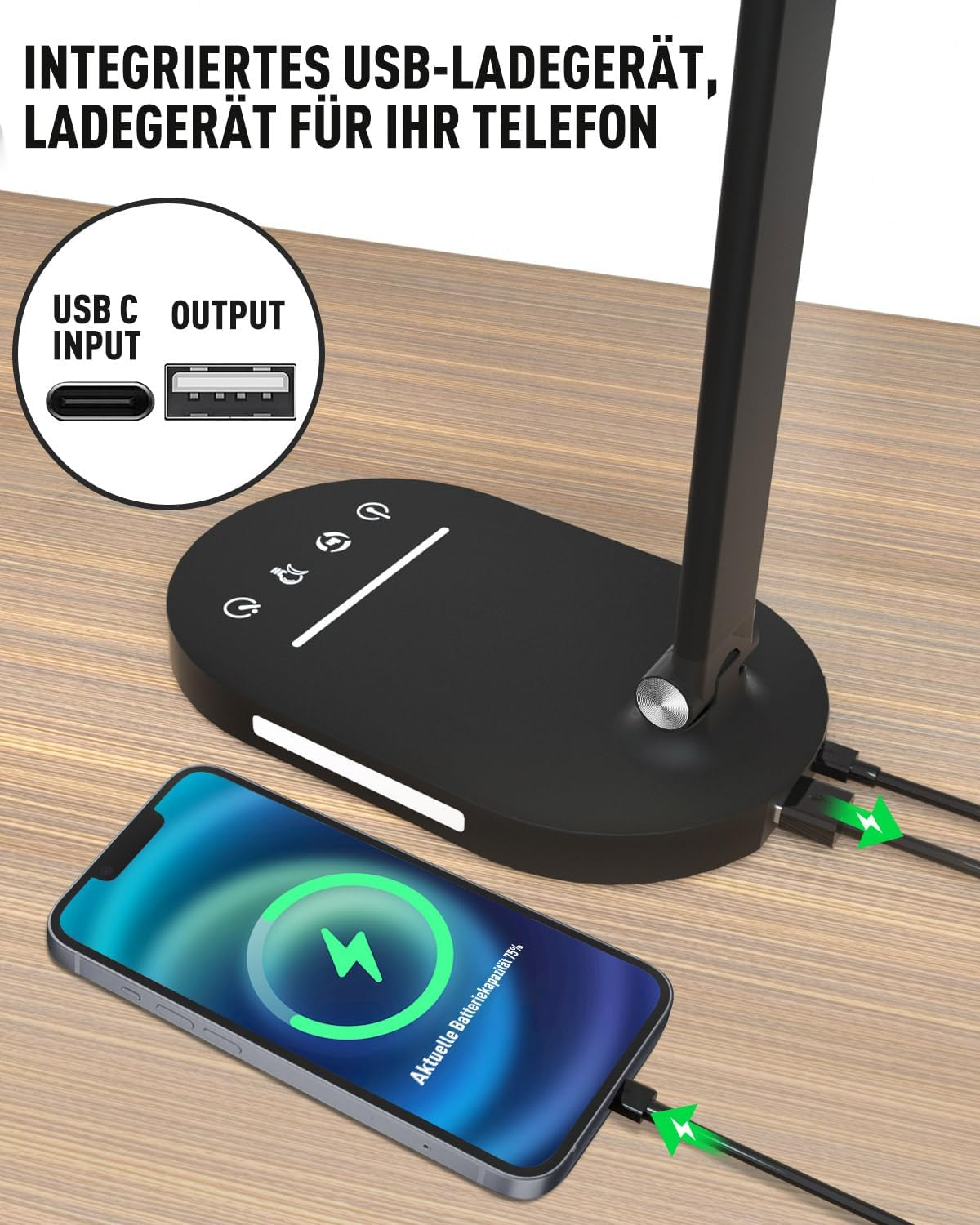 HASKARE Desk Lamp LED Dimmable Table Lamp, 5 Colour Modes and 5 Brightness Levels, Anti-Glare Eye Protection Desk Lamp, USB Charging Port, with 5V/2A Power Adapter - Schwarz Aufgewertet image number 5