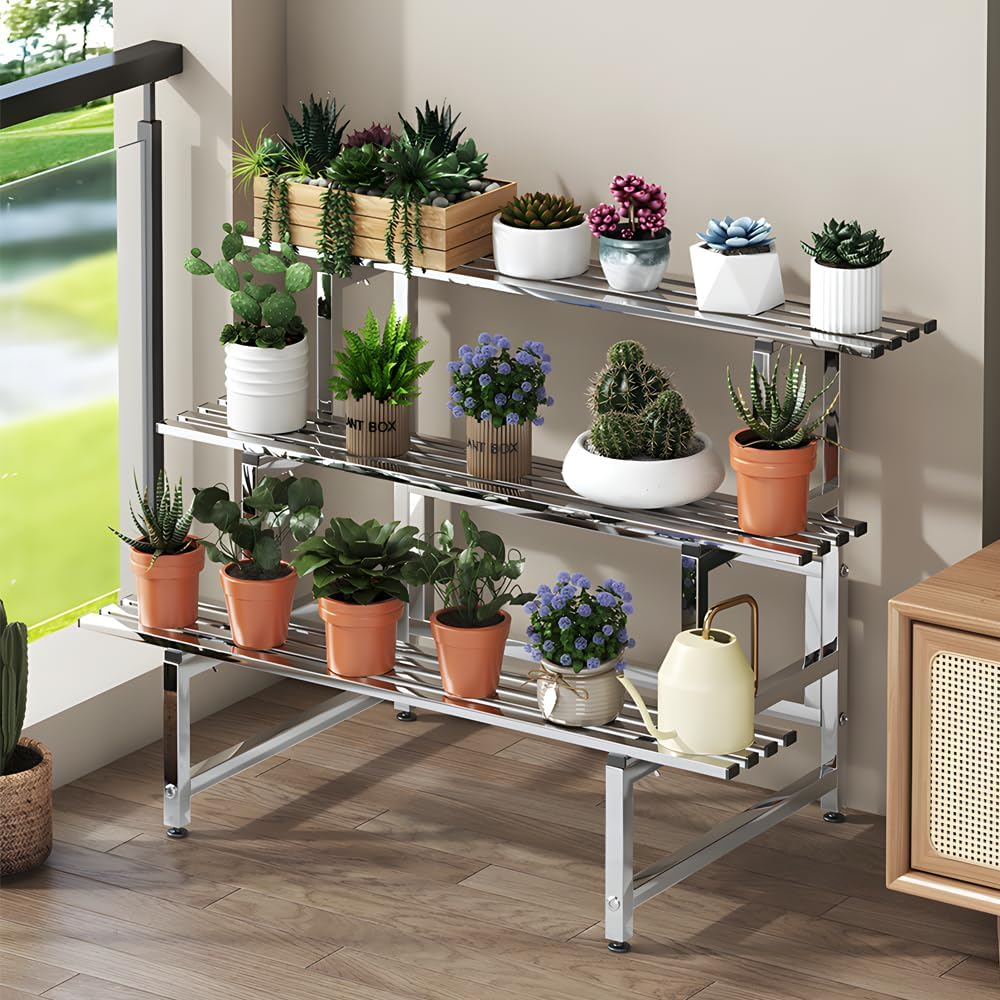 4 Tiers Metal Plant Stand, Garden Stainless Steel Pots Plant Stand Rack Indoor Outdoor Flower Pots Display Shelf Pot Holder Organizer Storage for Garden Patio Yard (Steel 4-TIERS)