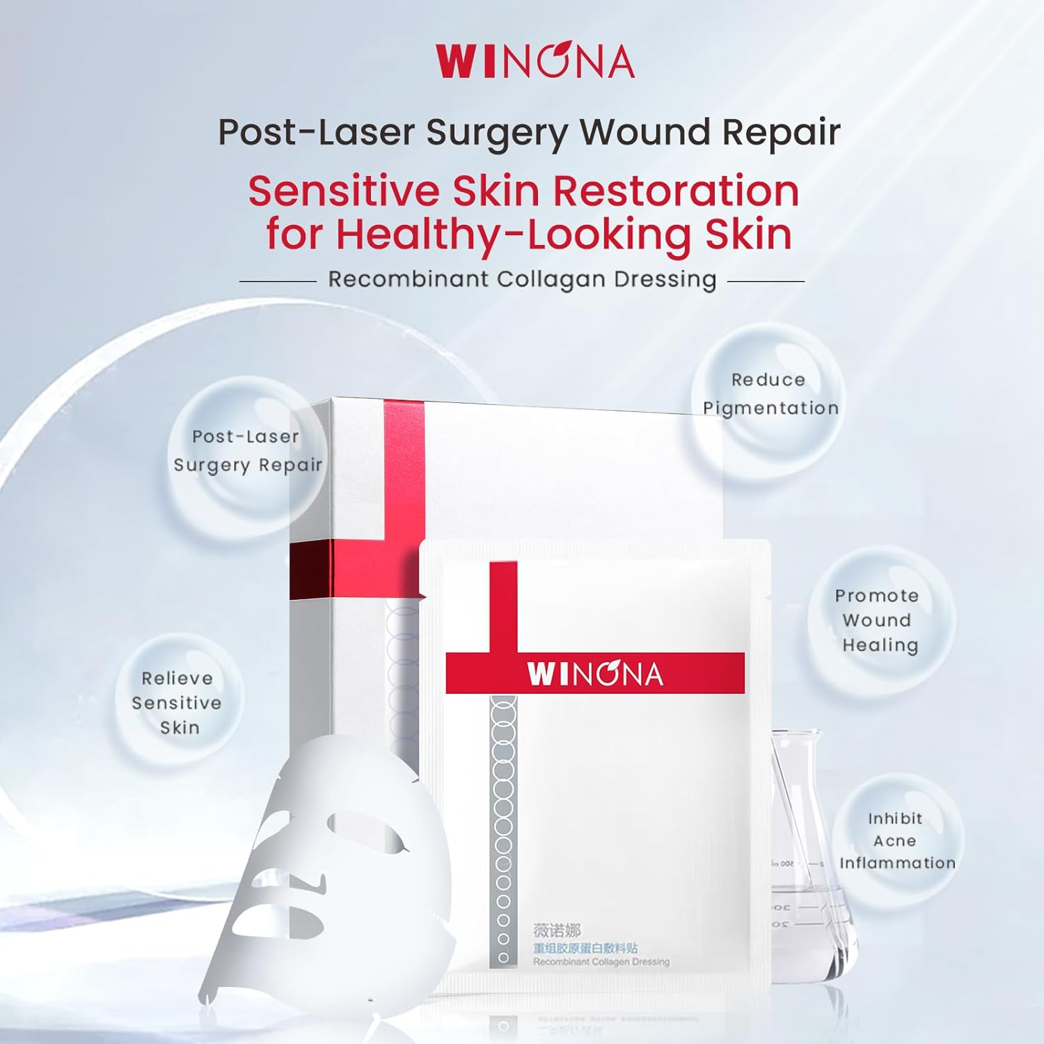 WINONA Collagen Sheet Mask 6Pcs, Recombinant Collagen Dressing, Hydrating Face Mask for Sensitive Skin, Soothes and Skin Barrier Repair, Suppresses Acne, Repair Dressing for Post-Procedure Skin image number 2