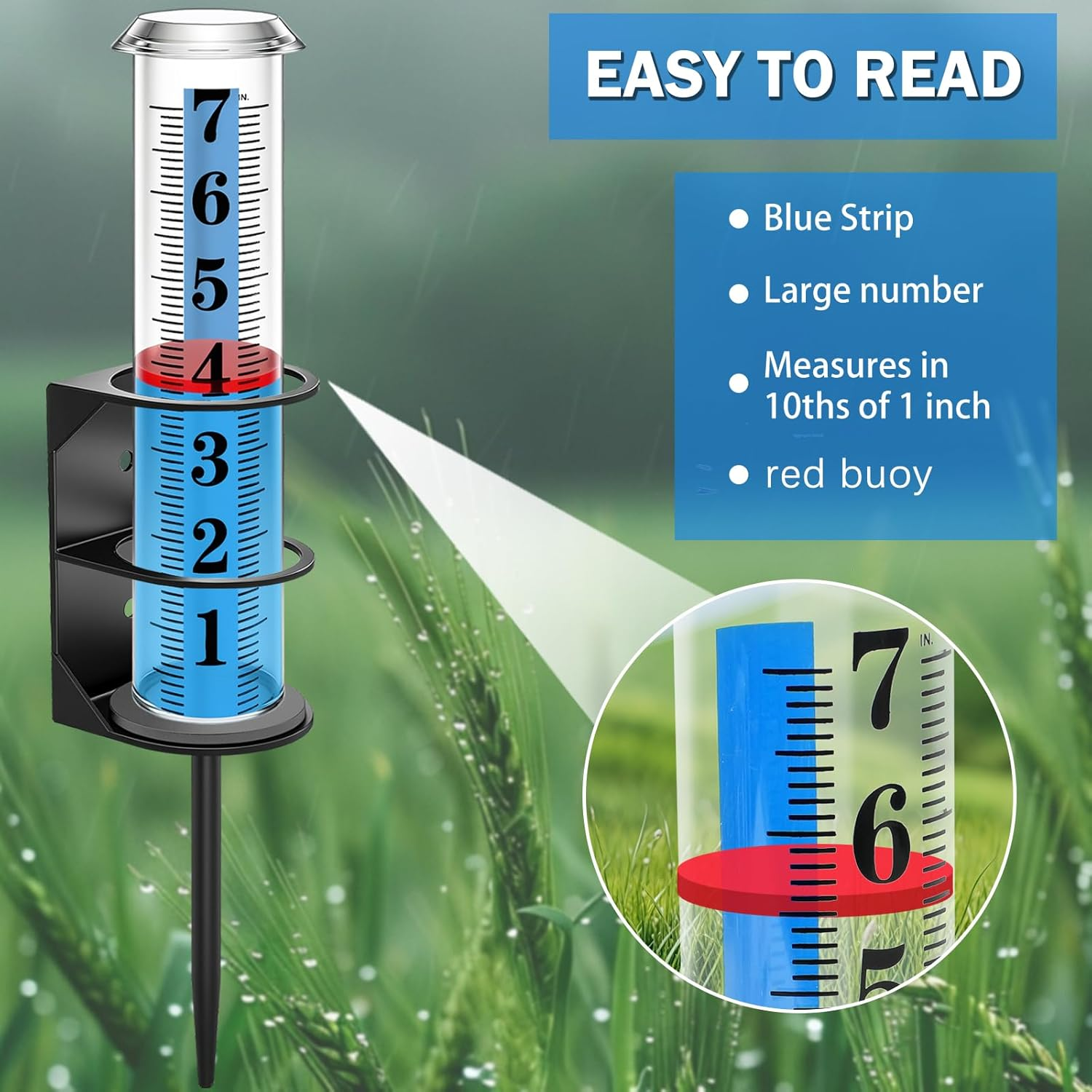 Rain Gauge Outdoor, Accurate Rain Gauges Outdoors Best Rated with Metal Rack Holder, Freeze Proof Water Rain Meter with Thickened Plastic Large Font Tube for Yard, Easy to Read with Red Float - 2Pcs Rain Gauge Replacement Tube image number 5