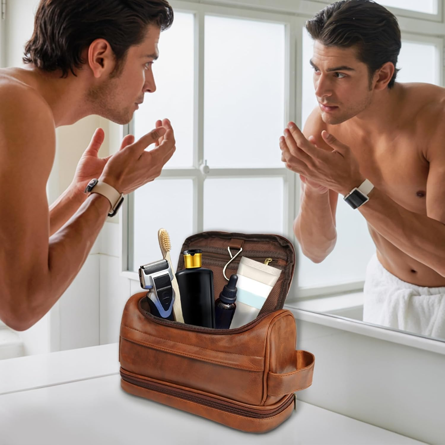 Toiletry Bag for Men, Large Leather Travel Essentials Shaving Kit, Water Resistant Bathroom Toiletries Organizer Cosmetic Bags, Gifts for Men, Him, Father, Dad, Husband, Son, Boyfriend, Grandpa image number 2