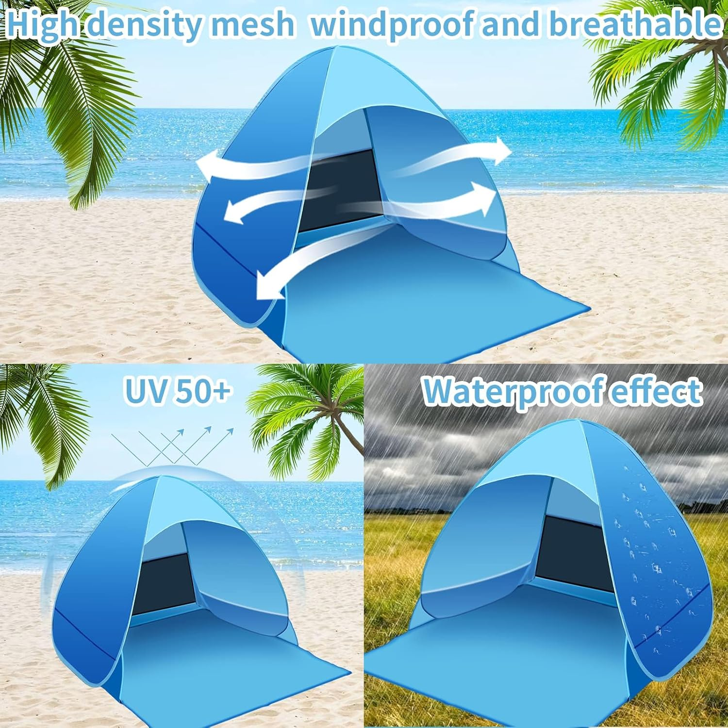 Pop up Beach Tent 2-3 Person, Foldable Outdoor Beach Tent, Portable Sun Shelter Tent, UPF 50+ Lightweight Instant Automatic Cabana Canopy with Carry Bag for Family Beach Picnic image number 4