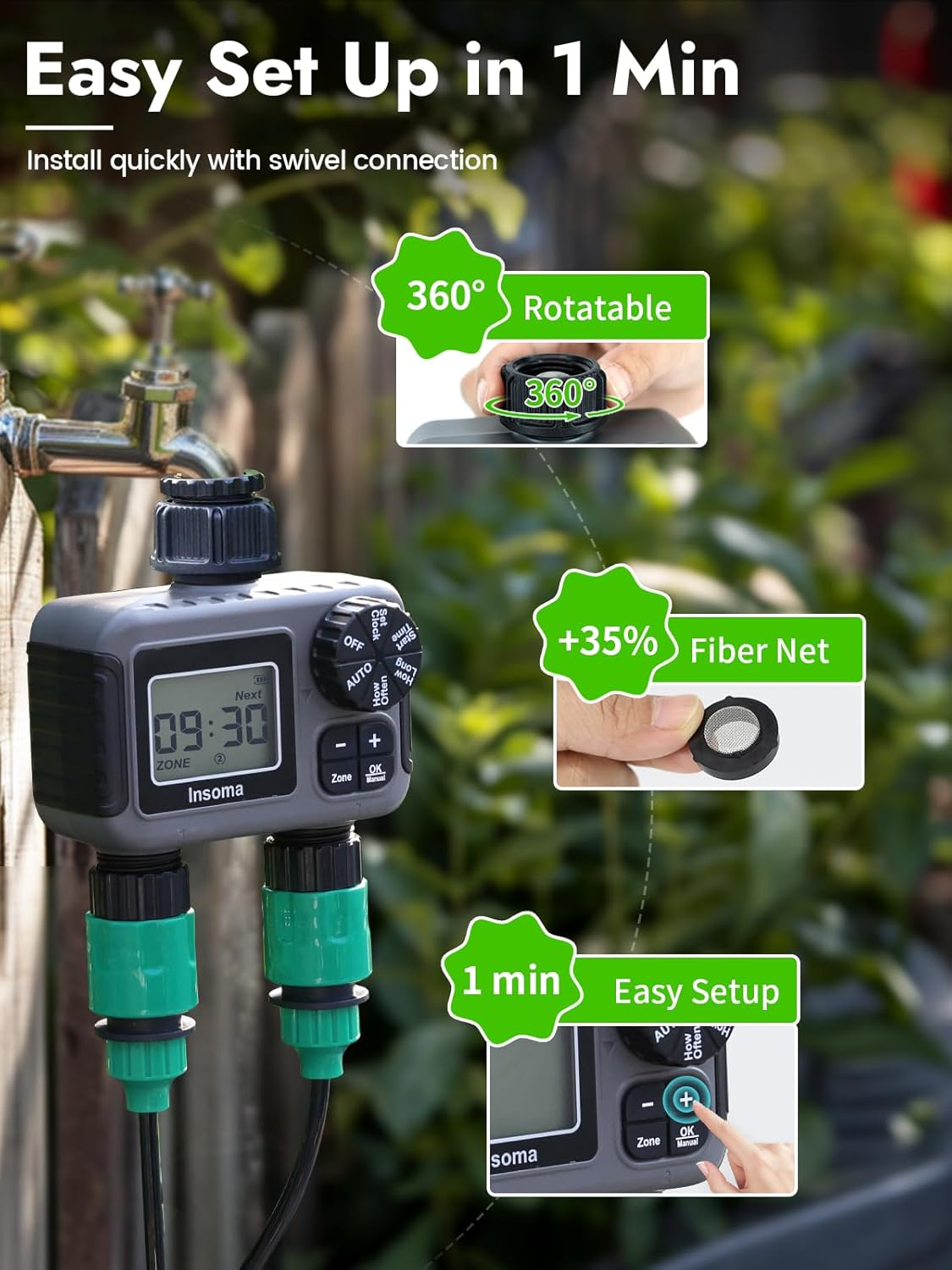 Sprinkler Timer 2 Zone, Insoma Water Timer with Auto/Manual/Rain Delay Irrigation System, Programmable Hose Timer 2 Outlet for Garden Watering, Outdoor Irrigation Timer for Lawn, Yard, Pool image number 3