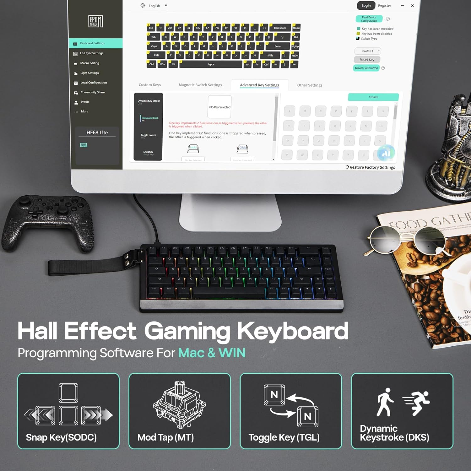 EPOMAKER HE68 Lite Hall Effect Gaming Keyboard, 8K Polling & 128K Scan Rate, 0.01Mm Adjustable Trigger, 0.125Ms Latency, 5-Layer Sound-Dampened, Snap Key, SOCD, A-RGB, Wired, Mac Software (Black) - Black image number 5