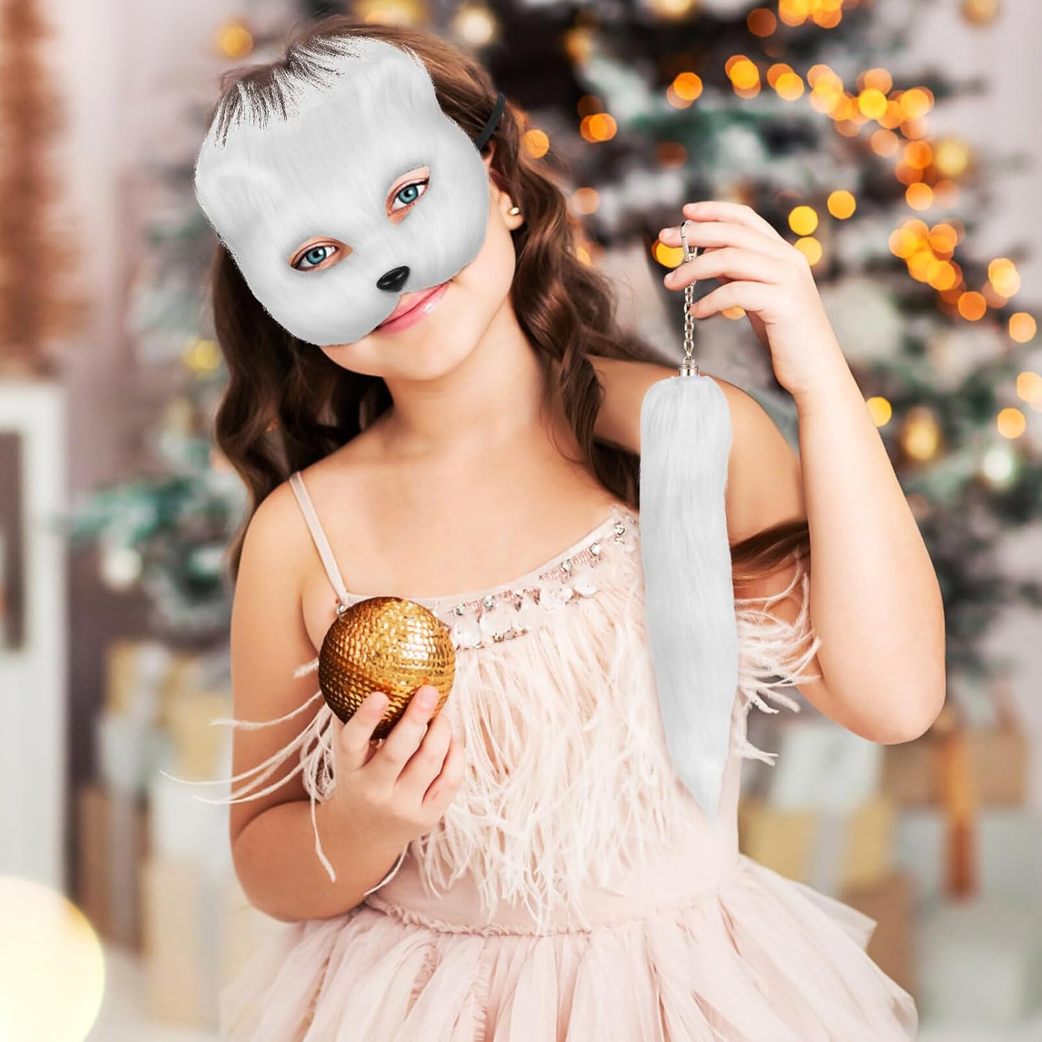 PACKOVE Faux Mask Cat Wolf Cosplay Costume Set Plush Mask Furry Fox Mask Mask Animal Tail Halloween Party for Girls Women White image number 5