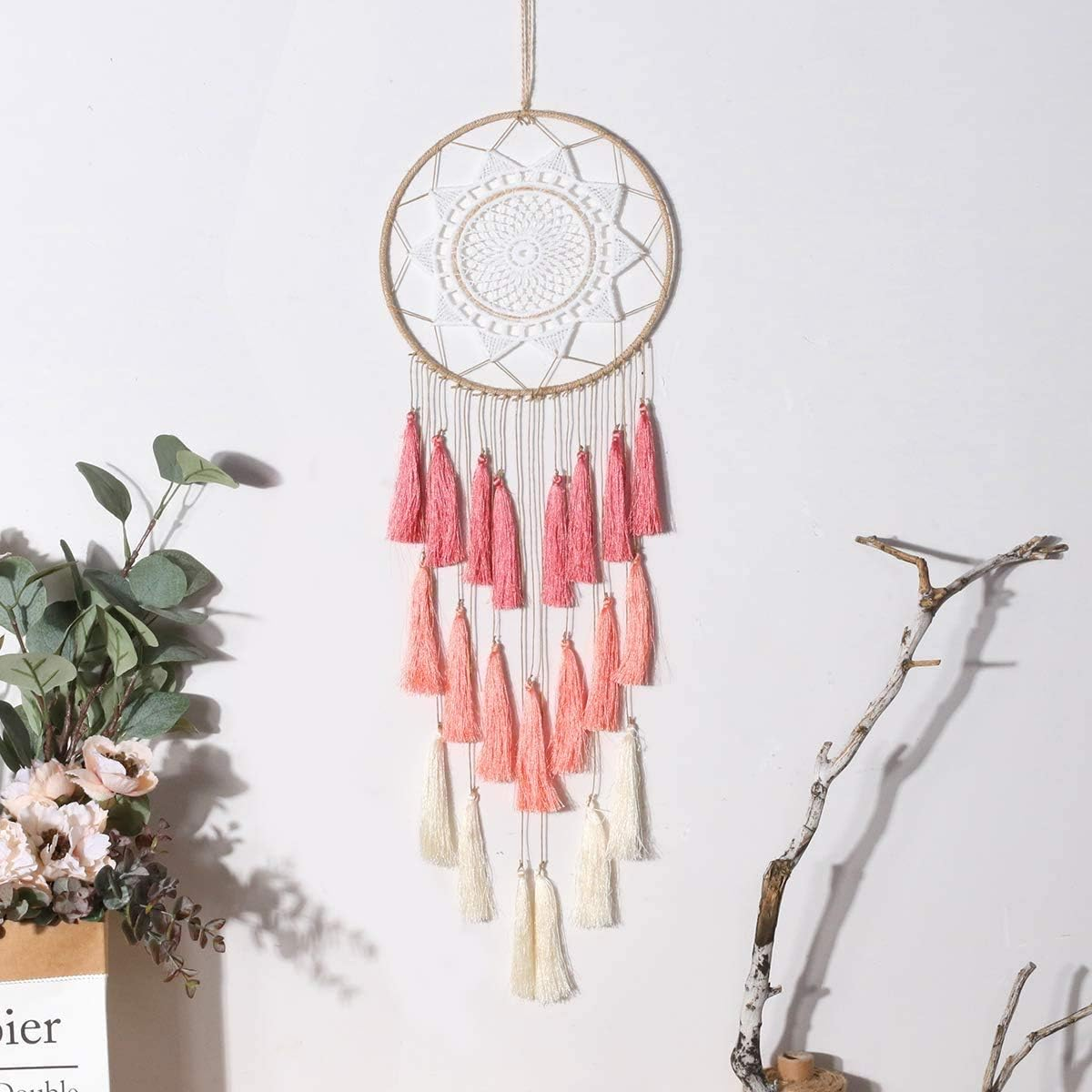 Macrame Dream Catchers for Bedroom Tassel Wall Hanging Handmade Dreamcatchers Home Decor with Ornament Craft Blessing Gift(Red Pink) image number 5