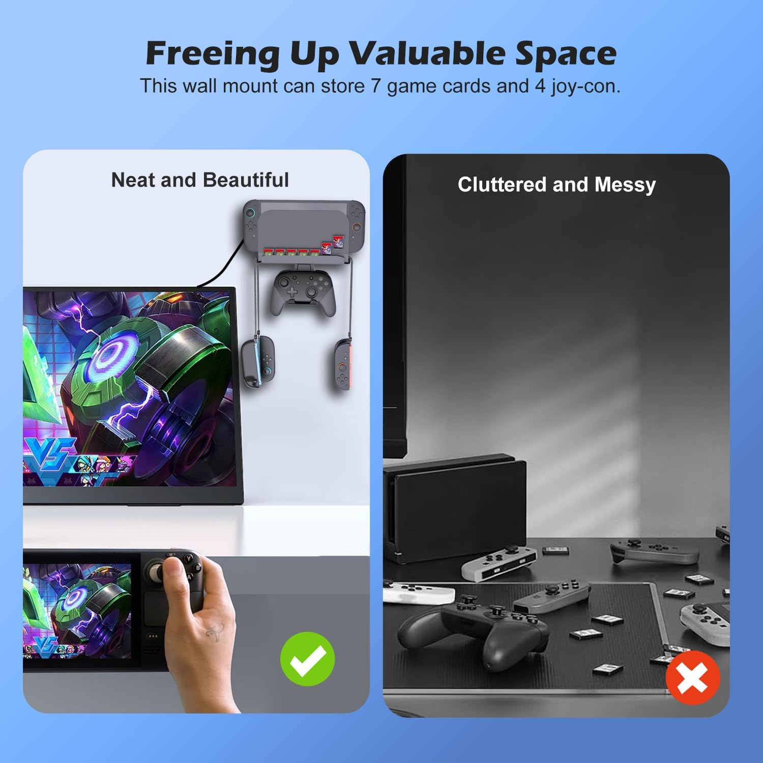 ZONEY Metal Wall Mount for Nintendo Switch 2 Console 2025, Switch 2 Organizer Shelf Base Kit behind Tv,Switch 2 Accessories with 7 Card Slots and 4 Joy-Con Hanger, Compatible with Switch 2/Oled/Switch image number 4