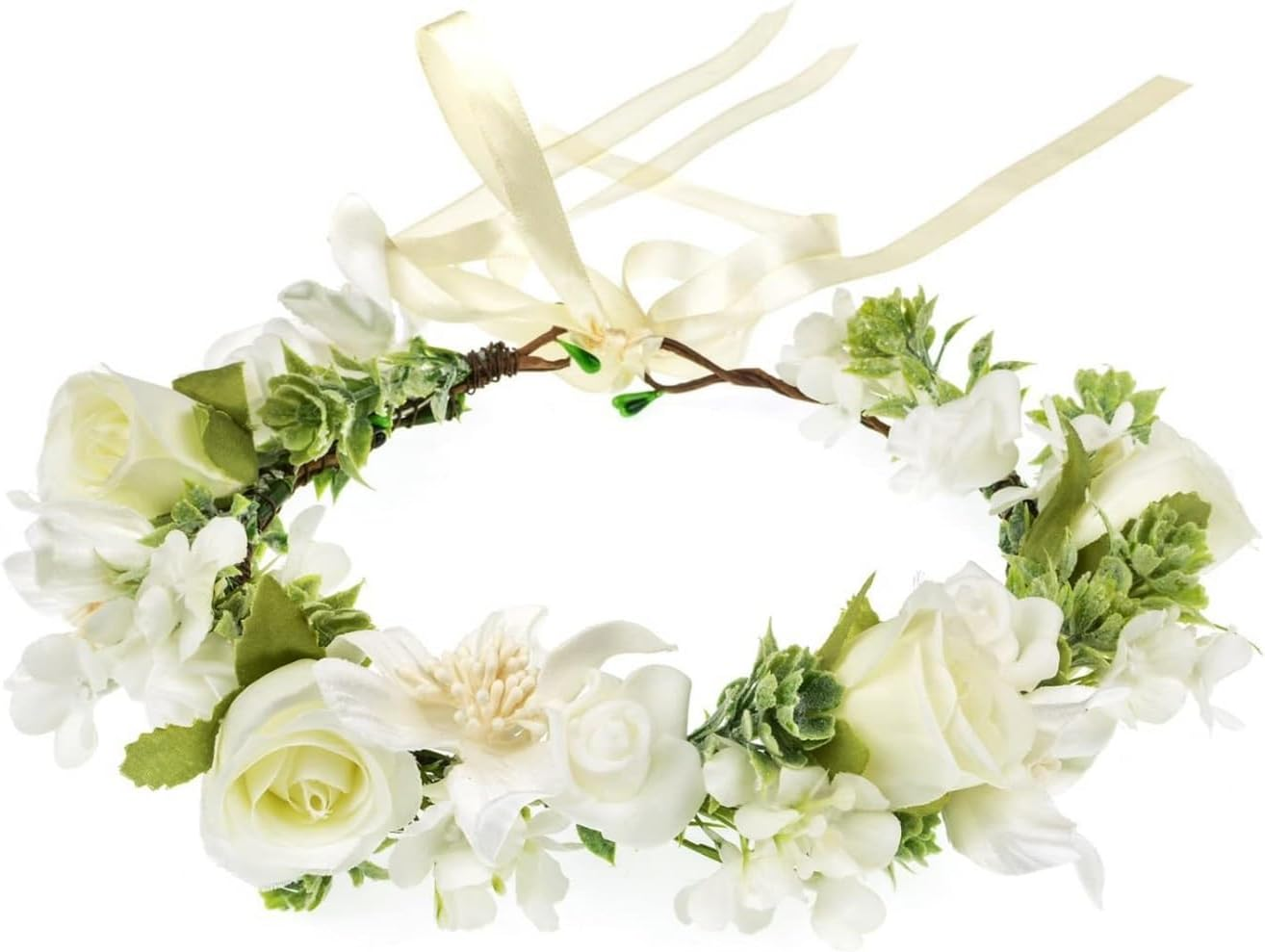 Flower Headband Artificial Floral Headpiece for Women Girls Halloween Renaissance Wedding Cosplay Party Hair Accessory (White, One Size) image number 4