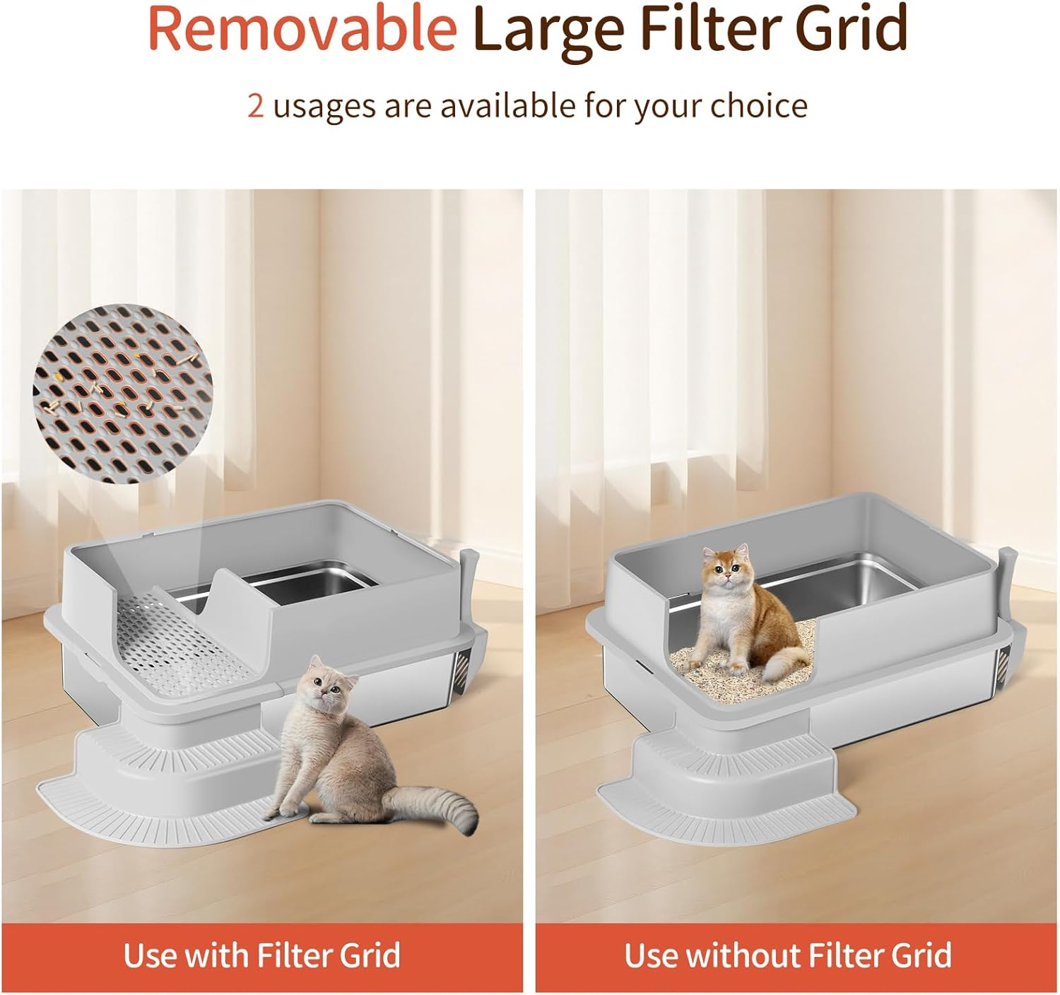 Bartuke XXXL Stainless Steel Litter Box, 70 X 50 X 30Cm Extra Large Semi Enclosed High Sided Metal Cat Litter Box with Filtered Grid, Step, Scoop, Non-Sticky, Non-Odor, Easy Cleaning (Light Gray) - Semi Enclosed-Black image number 5