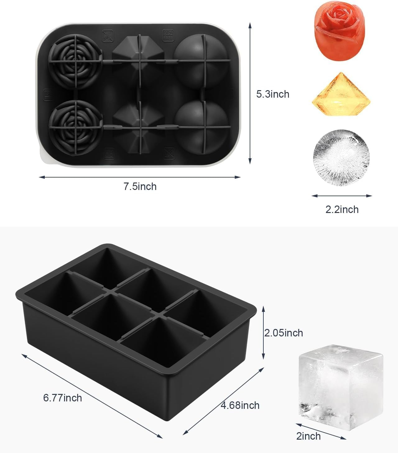 Silicone Ice Cube Trays,Set of 2 Large Ice Cube Molds,Makes 6 Large Square Silicone Molds,2 Circle Round,2 Rose & 2 Diamond Ice Molds, Silicone Fun Ice Maker for Whiskey,Cocktails & DIY, BPA Free - Gray-2Pcs image number 4