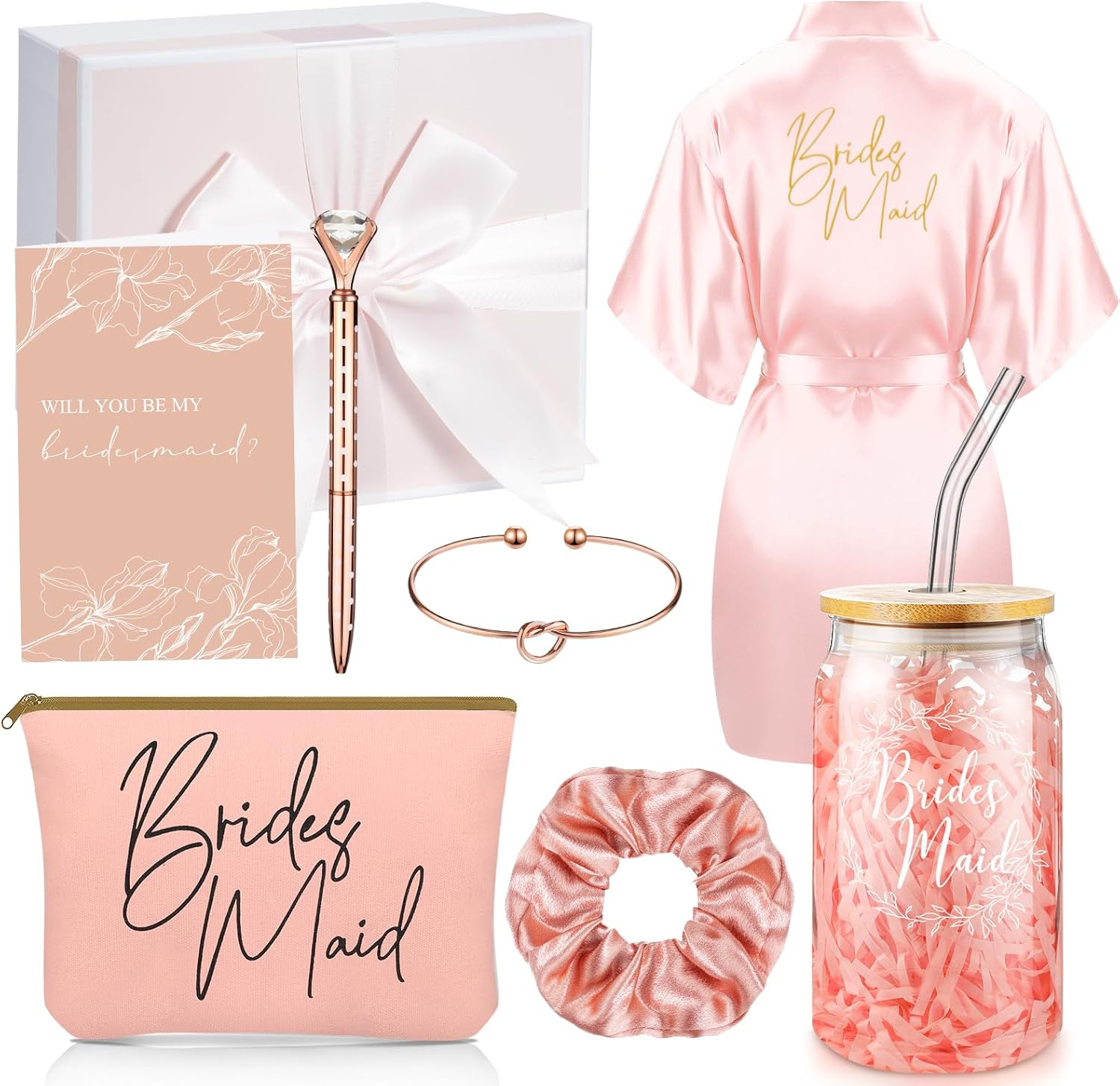 Irenare 8 Pcs Bride Gifts Set for Bridal Shower Bachelorette Party Robe Cup Makeup Bag Bracelet Scrunchies Card Pen Gift Box(Pink)