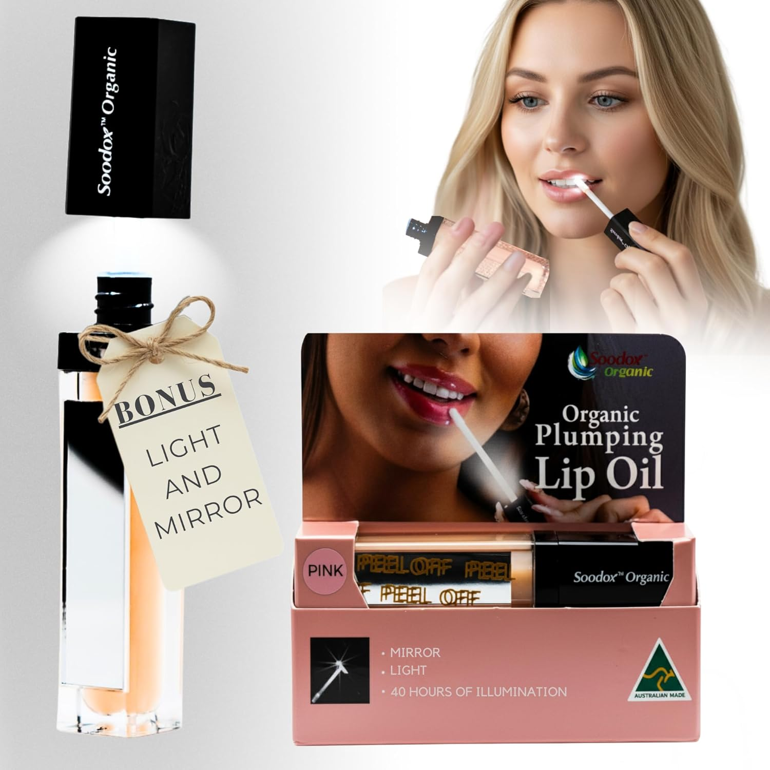 Soodox Organic Lip Oil with Subtle Plumping Effect - Organic Oil - Natural Australian Made - Plumping Filler Balm - Hydrates, Plumps and Soothes Lips - BONUS Light & Mirror Included, Nude