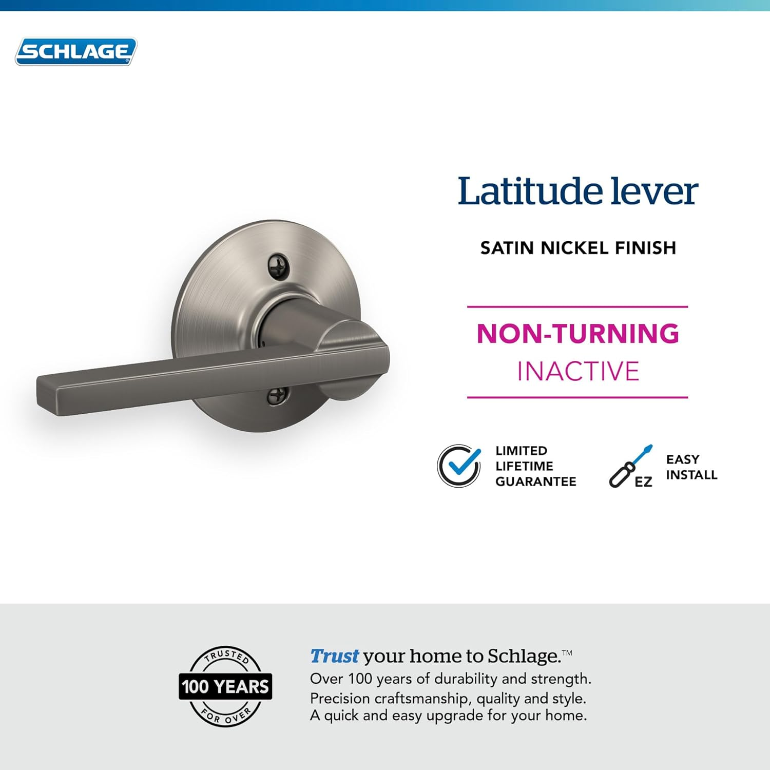 Schlage F170 LAT 619 Latitude Dummy Lever Trim, Satin Nickel image number 6