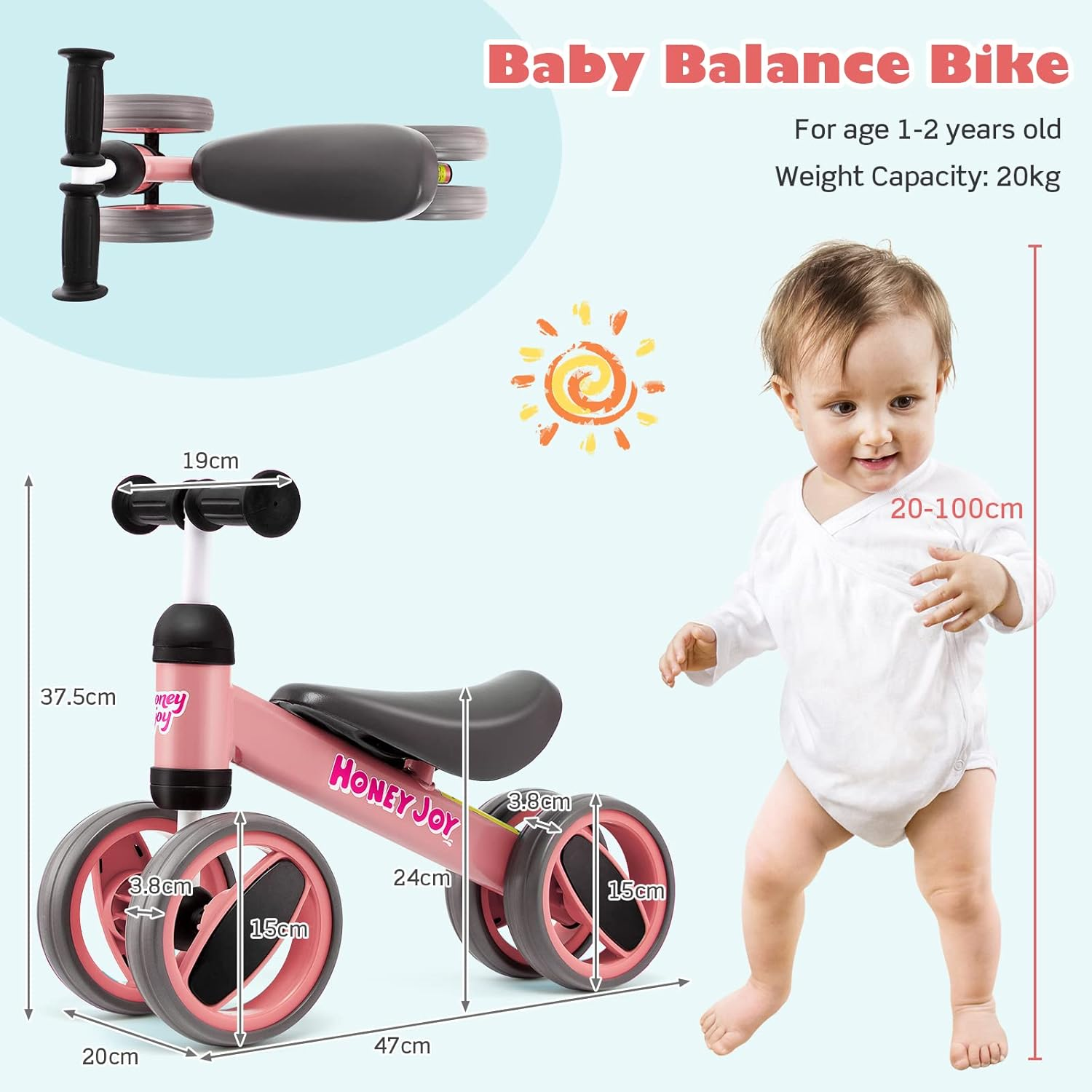 HONEY JOY Baby Balance Bike, Balance Bike for Toddlers W/4 Wheels, 135&deg;Limited Steering, Indoor Outdoor Infant Bicycle for Baby Standing to Running Training, Toddler No Pedal Bike for 1-2 Years image number 2