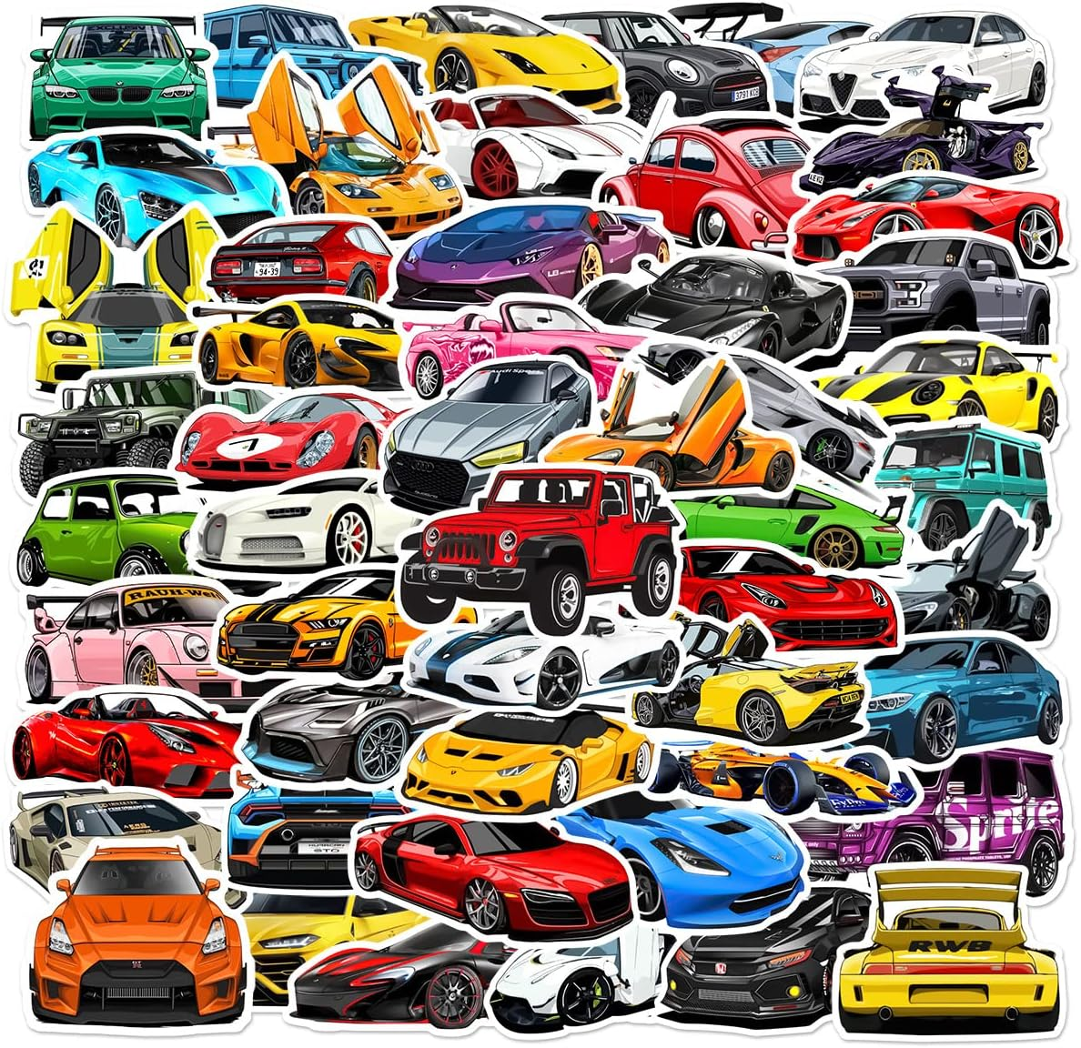 50 Pack Stickers for JDM Racing Car Water Bottle|Cool Sports Car Vinyl Waterproof Sticker for Laptop Skateboard Guitar Bike Phone Car Decals Gifts for Kids Teens Adults for Party Favors Supplies Decor