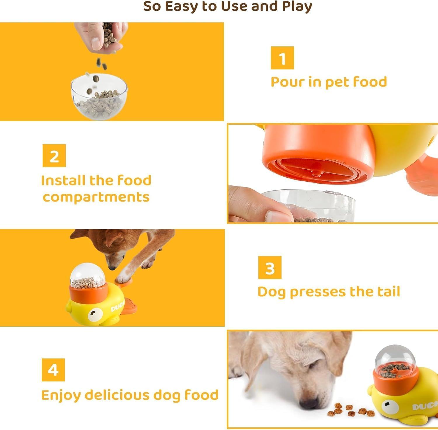 2-In-1 Dog Slow Feeder & Interactive Toy &ndash; Duck-Shaped Treat Dispenser with 3 Food Outlet Sizes, Washable Pet Bowl for Puppy & Dogs, Automatic Feeding for Fast Eaters
