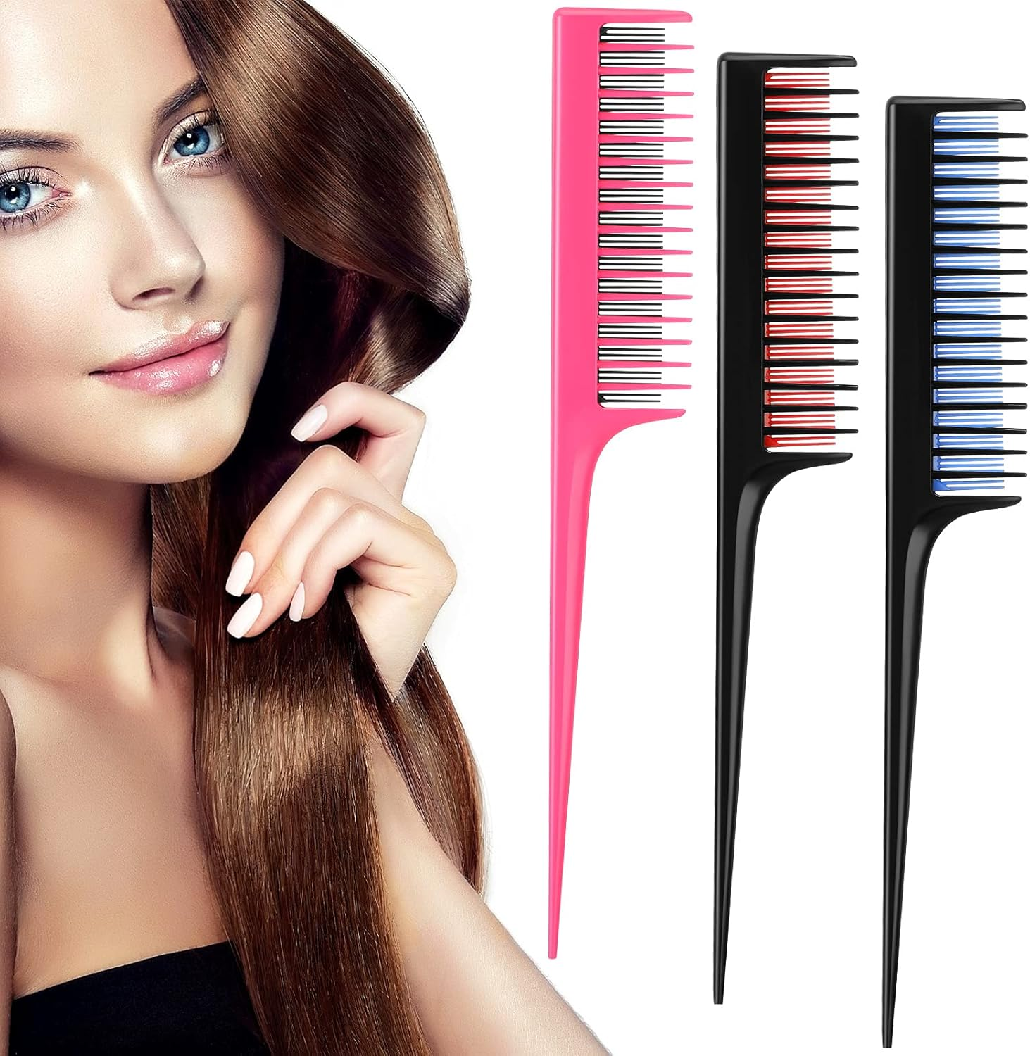 Leinuosen 3 Pcs Triple Teasing Comb for Women Plastic Rat Tail Comb Heat Resistant Pintail Tease Layer Tool for Thick Fine Hair Styling Backcombing Volume Structure(Black and Red Blue Pink) image number 2