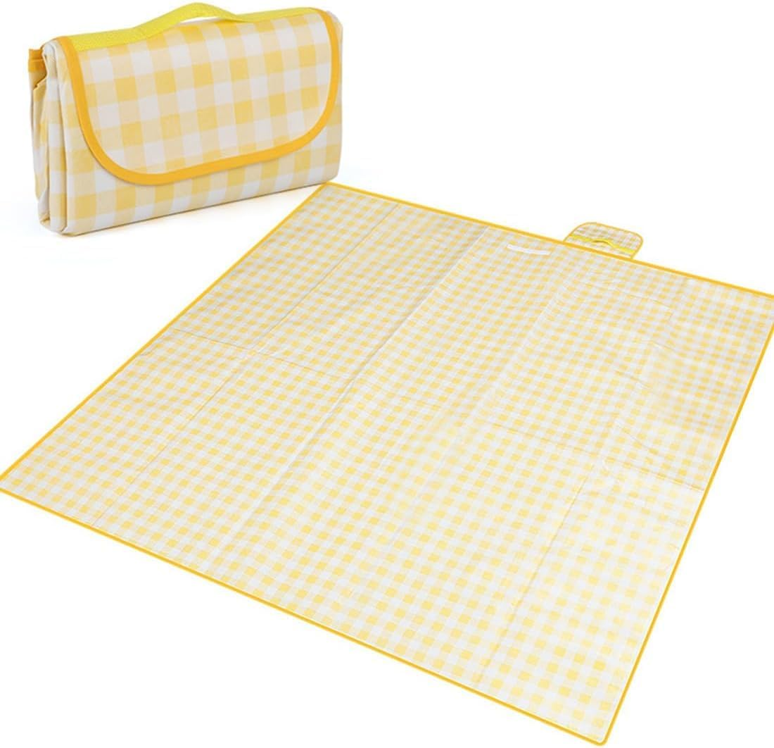 Picnic Blanket Waterproof Foldable in Large 80X60In and Extra Large 80X80In Cute Gingham Portable Compact Beach Blanket Oversized XL Outdoor Mat (Yellow, Extra Large)