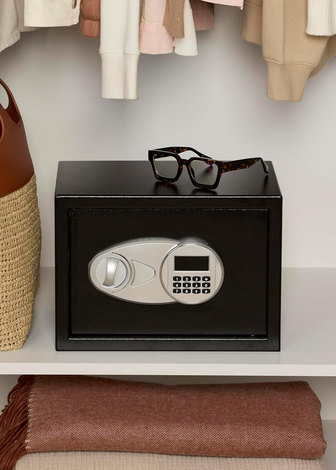 Amazon Basics Steel Security Safe and Lock Box with Electronic Keypad - Secure Cash, Jewelry, ID Documents, 14 Litres, 35Cm W X 35Cm D X 25Cm H, Black