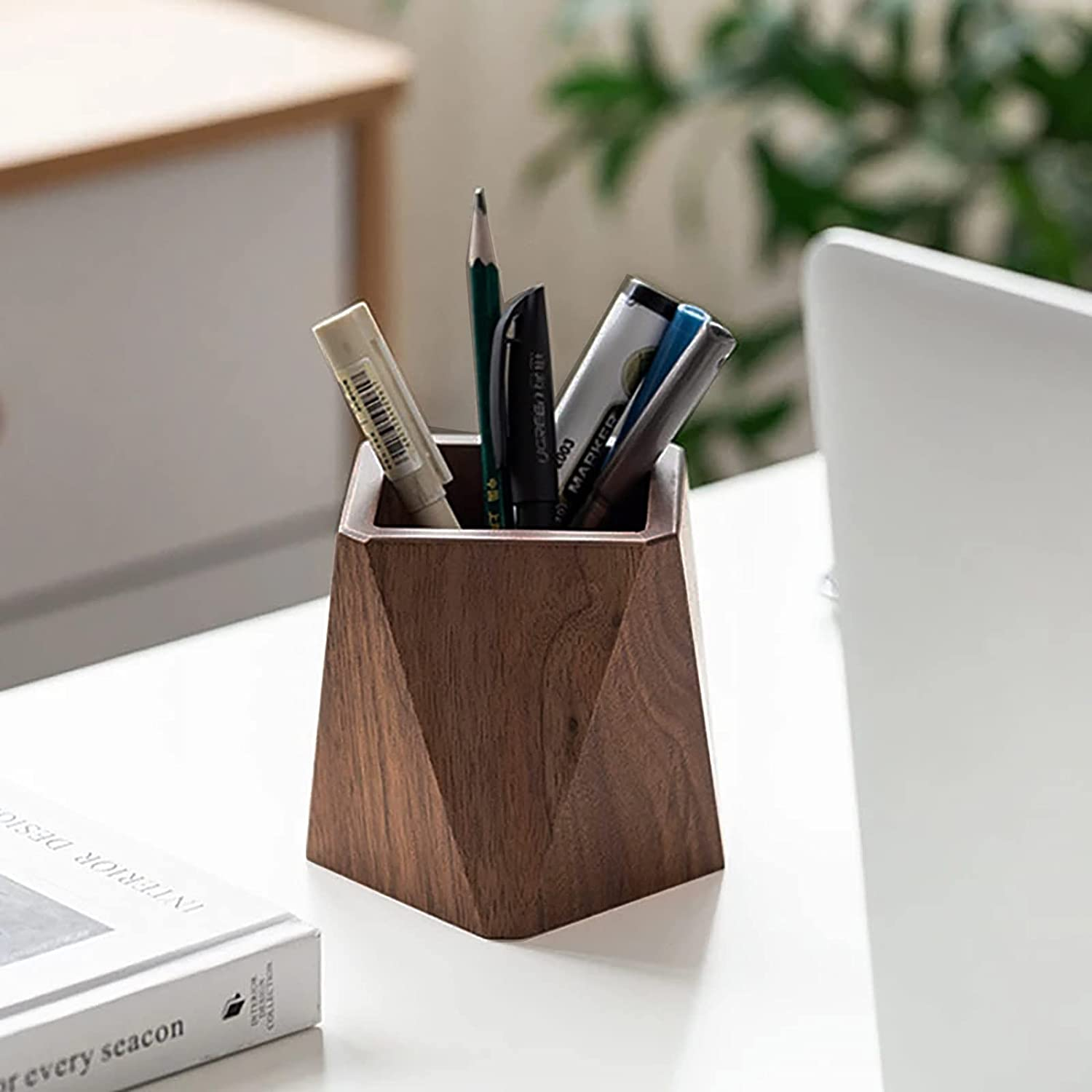 Black Walnut Wooden Pencil Box, Multiple-Use Desk Writing Stationary Organizer Wood Pen Holder Cups Office School Supplies Storage (Prismatic Shape) image number 4