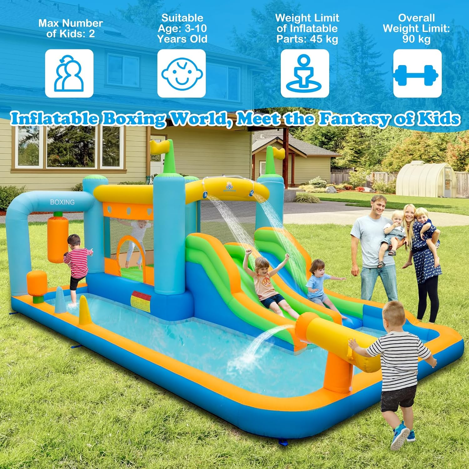 HONEY JOY Inflatable Water Slide, Kids Jumping Castle W/Dual Slides, Boxing Sandbag, Splash Pool, Water Cannon, Basketball Rim, Outdoor Blowup Water Park Bounce House for Children (With 680W Blower) image number 5
