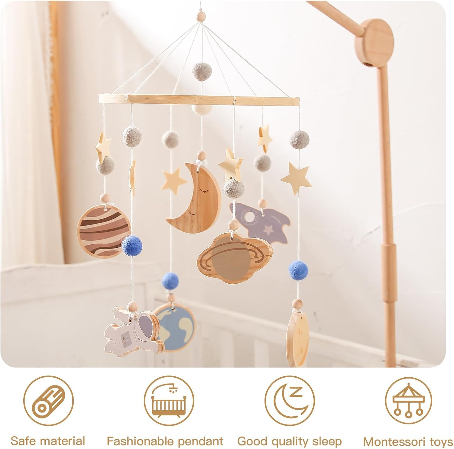 Baby Mobile for Crib | Kids Bedroom Wooden Decor,Rotating 360 Degree Rotating Spaceship Planet Pattern Soothing Crib Mobile for Visual Stimulation Sleep Play Travel Night Nursery image number 3