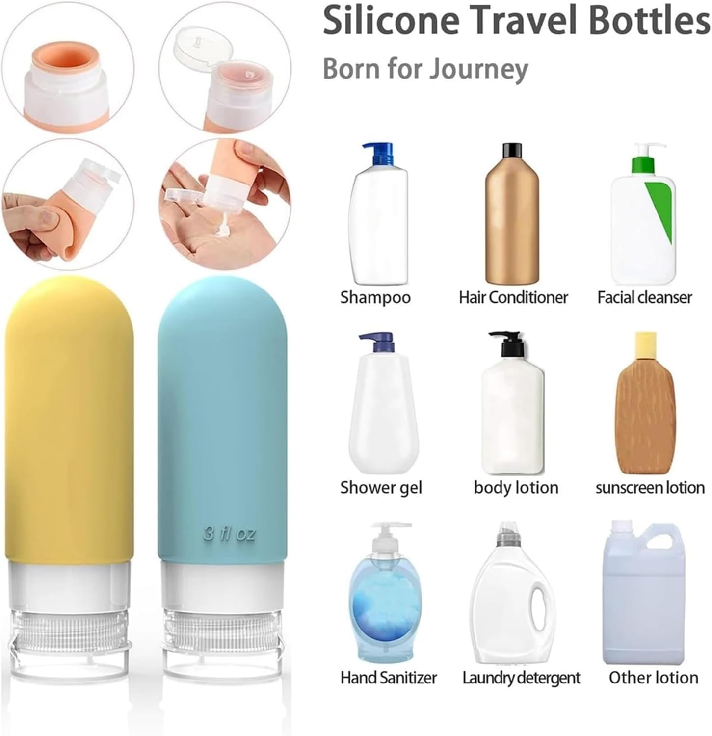 Uoffis 16 Pcs Silicone Travel Bottles Set, Reusable Squeeze Bottles, Leak Proof Valve, Easy to Clean Silicone Bottle for Toiletries for Shampoo, Lotion & Cosmetics(Yellow)