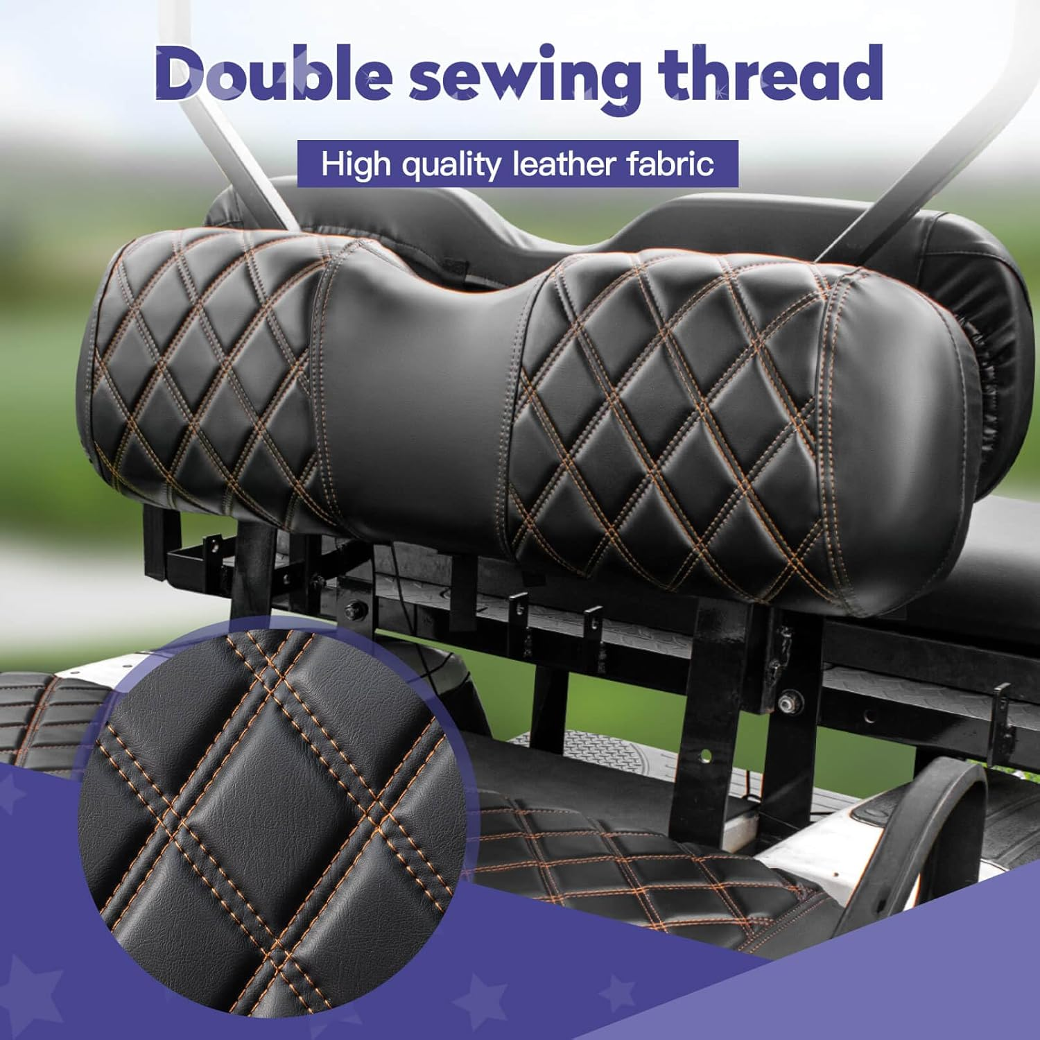 NOKINS Golf Cart Diamond Seat Covers Kit, Fit for EZGO TXT 1994-2013 OEM Ordinary Front Seat Cushion, Golf Cart Vinyl Seat Cover, No Nails Required (Black and Brown Stitching) image number 3