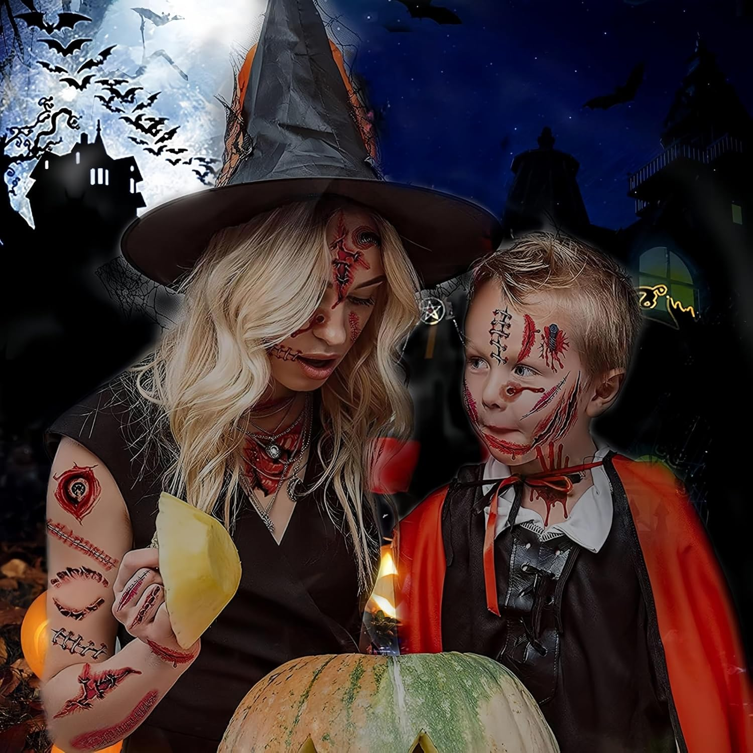 Longfng Halloween Nail & Tattoo Sticker Set &ndash; 4 Sheets 3D Nail Decals, 9 Sheets Skeleton Hand & Scary Temporary Tattoos for Kids & Adults Party Decorations image number 1