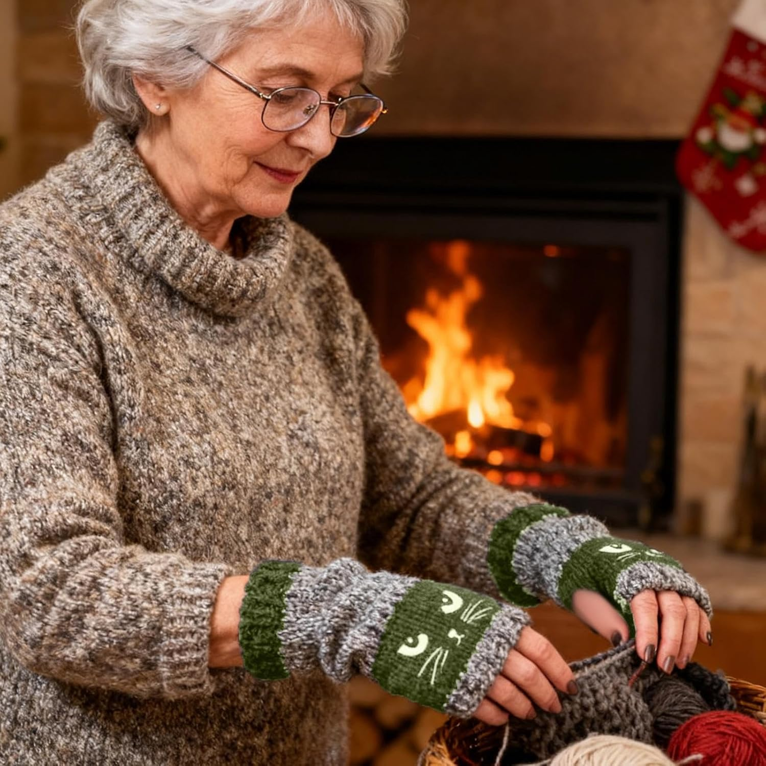 Cat Embroidery Patchworks Knitted Gloves, Cat Embroidery Outdoor Warming Supplies,Fashionable Fingerless Casual Women'S Gloves for Cats Lovers Women Girls Ladies