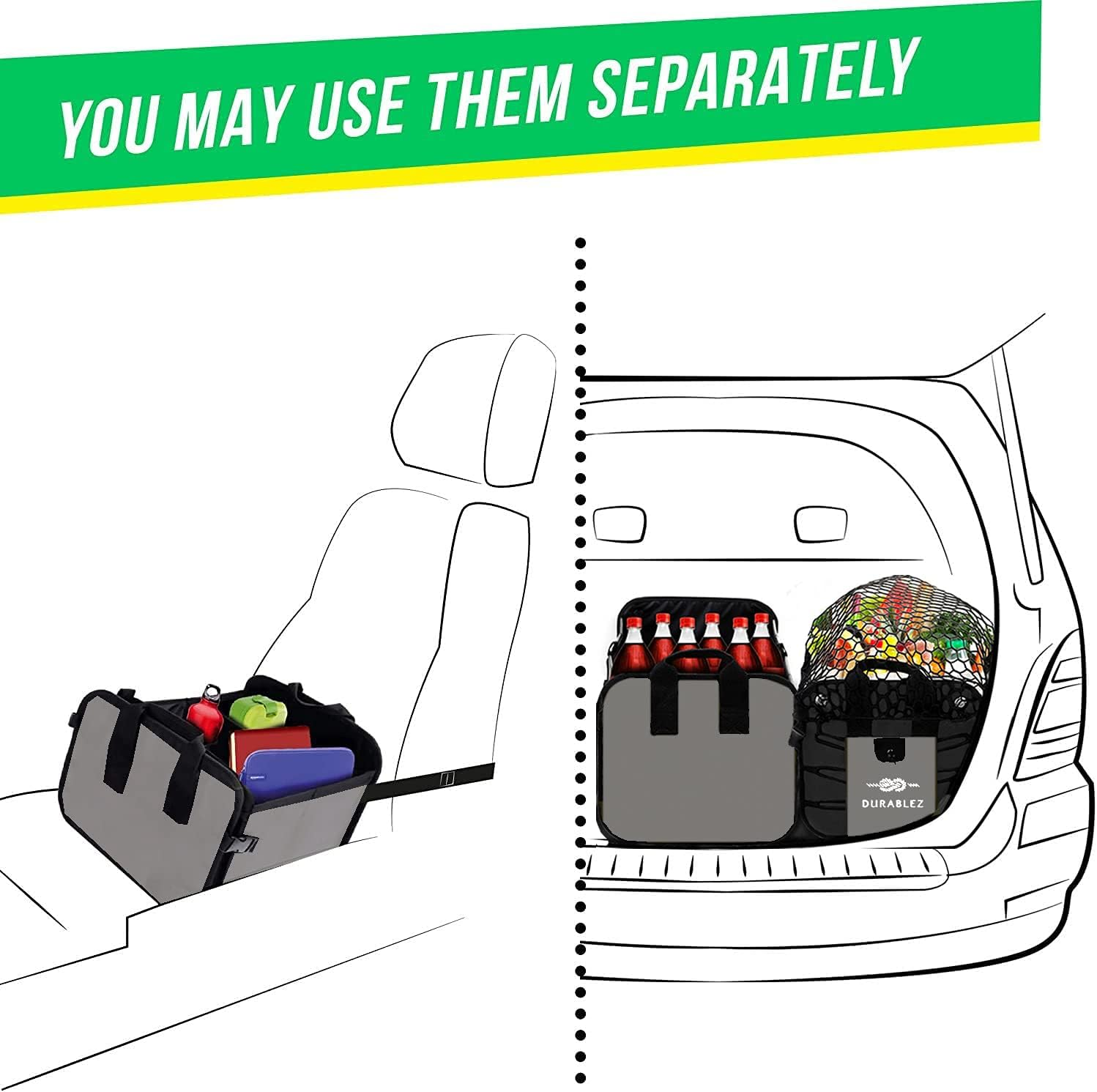 DURABLEZ 4 Compartment Separable Collapsible Car Trunk Storage Organizer Automotive Accessory Collapsible Storage Box Organiser for SUV Minivan Truck Sedan - XXL, Two Shades of Gray image number 3