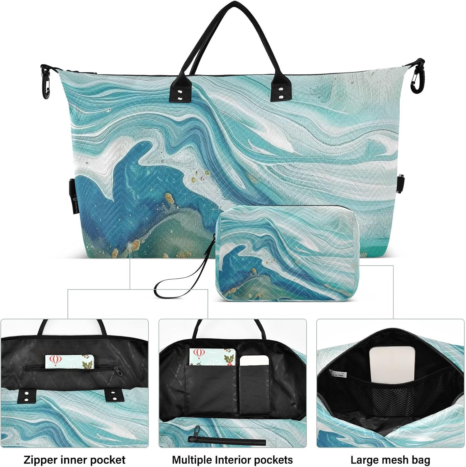 Blue-Green Marble Texture Travel Bag Overnight Bag Gym Sports Duffel Bags with Toiletry Bag for Gym Foldable, Blue-Green Marble Texture, 1 Size image number 4