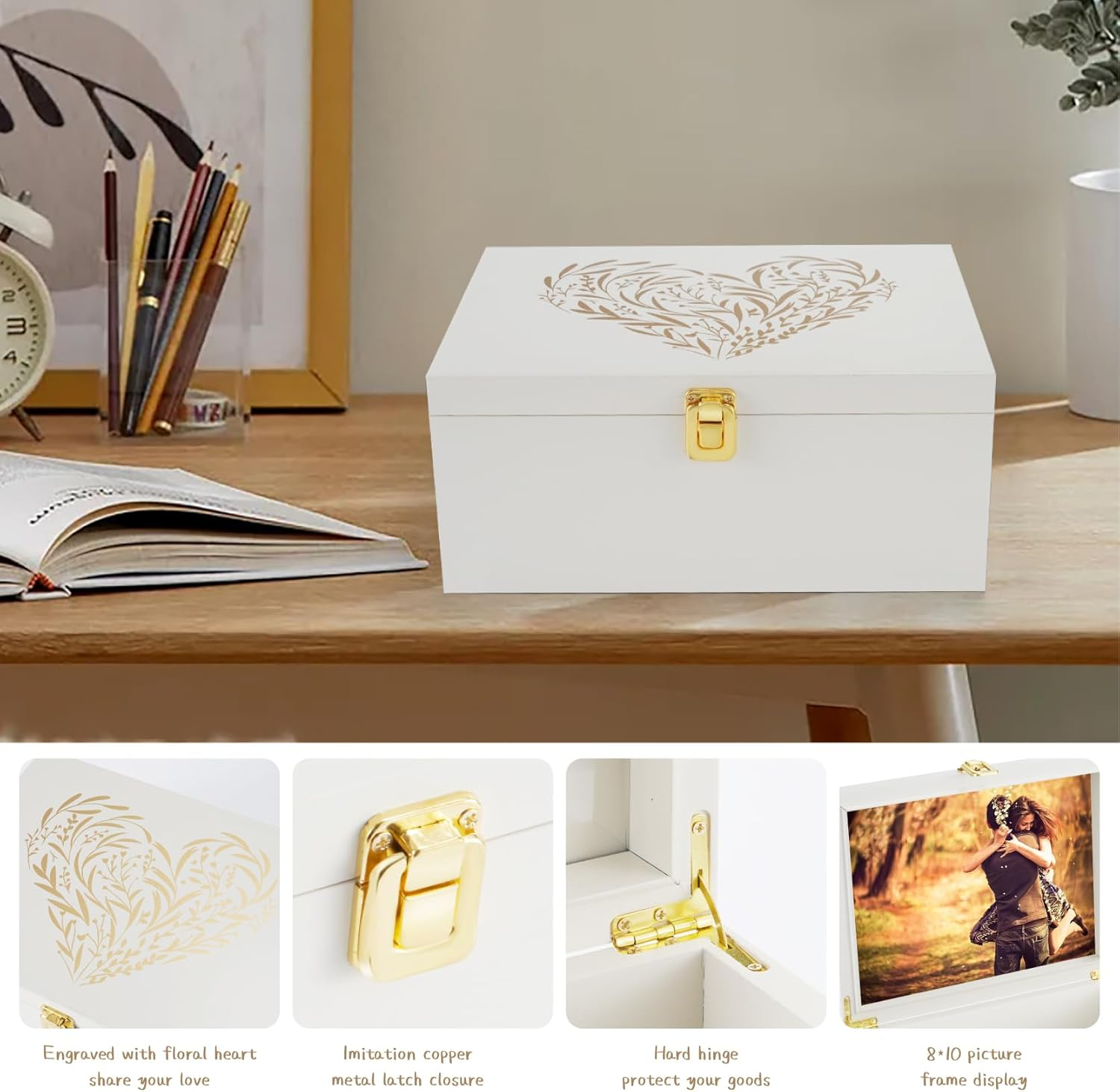 Larger Wooden Memory Keepsake Boxes with Hinged Lids and a Photo Frame inside the Lid - Decorative Storage Box with a Hinge Lids for Picture Letter Time Capsule - 5.3&ldquo;*8.6&rdquo;*11.7&ldquo; Off-White - Black image number 7