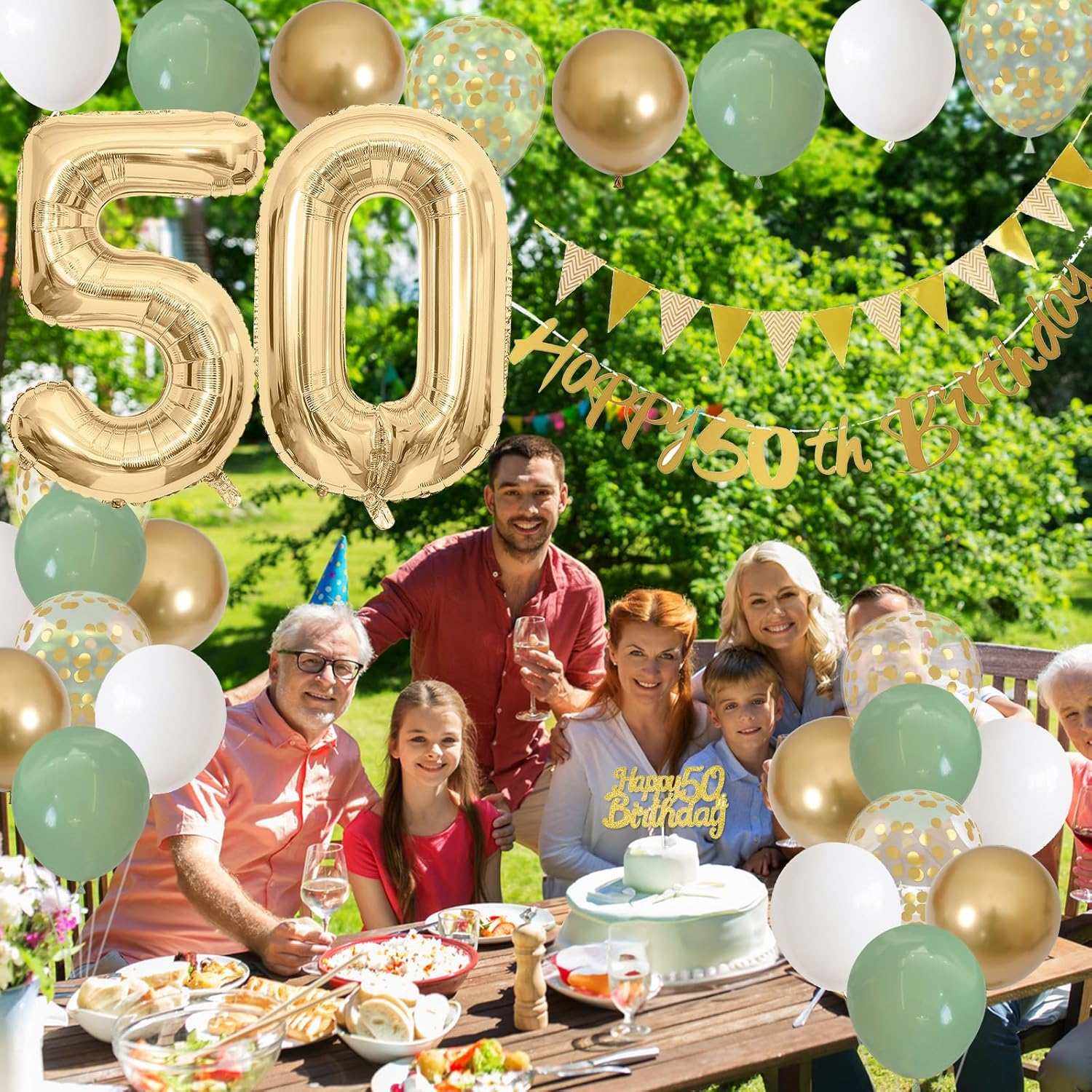 Sage Green 50Th Birthday Decoration with Banner, Garland, Number 50 Balloons, Cake Decoration, Gold Party Balloons for 50 Years Celebration - 18Th Green Gold image number 4
