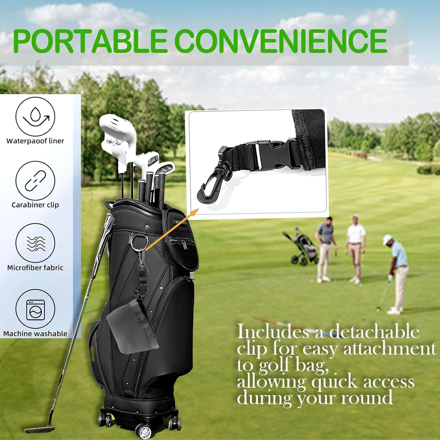 Golf Club and Golf Ball Cleaning Bag, Waterproof Microfiber Pouch with Detachable Clip, Machine Washable image number 2