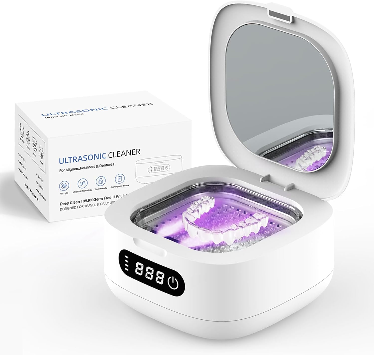 Dental Ultrasonic Retainer Cleaner Machine 52Khz Cordless Portable Movable UV Dental Cleaning Pod for Invisalign, Denture, Mouthguard, Nightguard, Jewelry, with Mirror, Outdoor Travel Cleaning image number 5