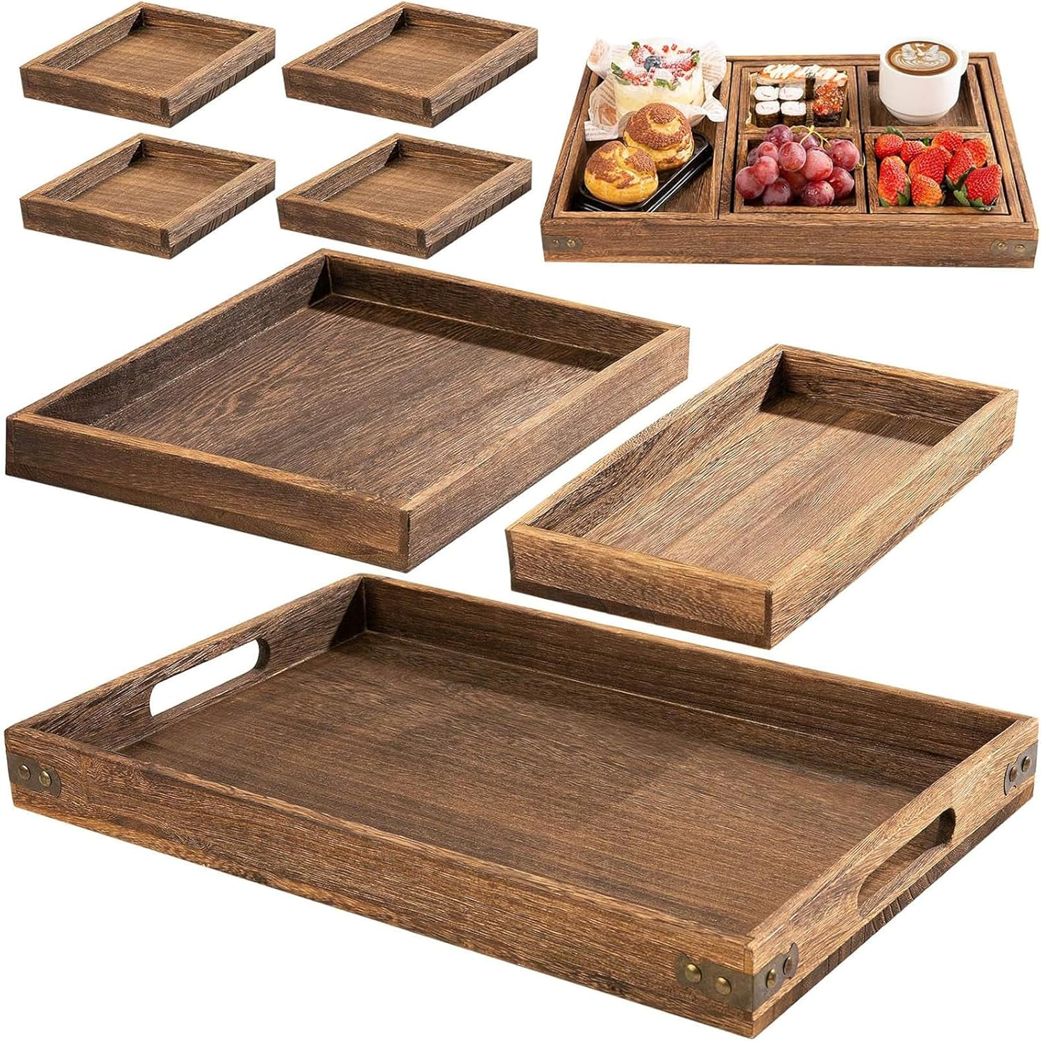 Rustic Wooden Serving Trays Set of 7, Rectangular Platters for Snacks, Coffee Table, Breakfast, Home Decor image number 4