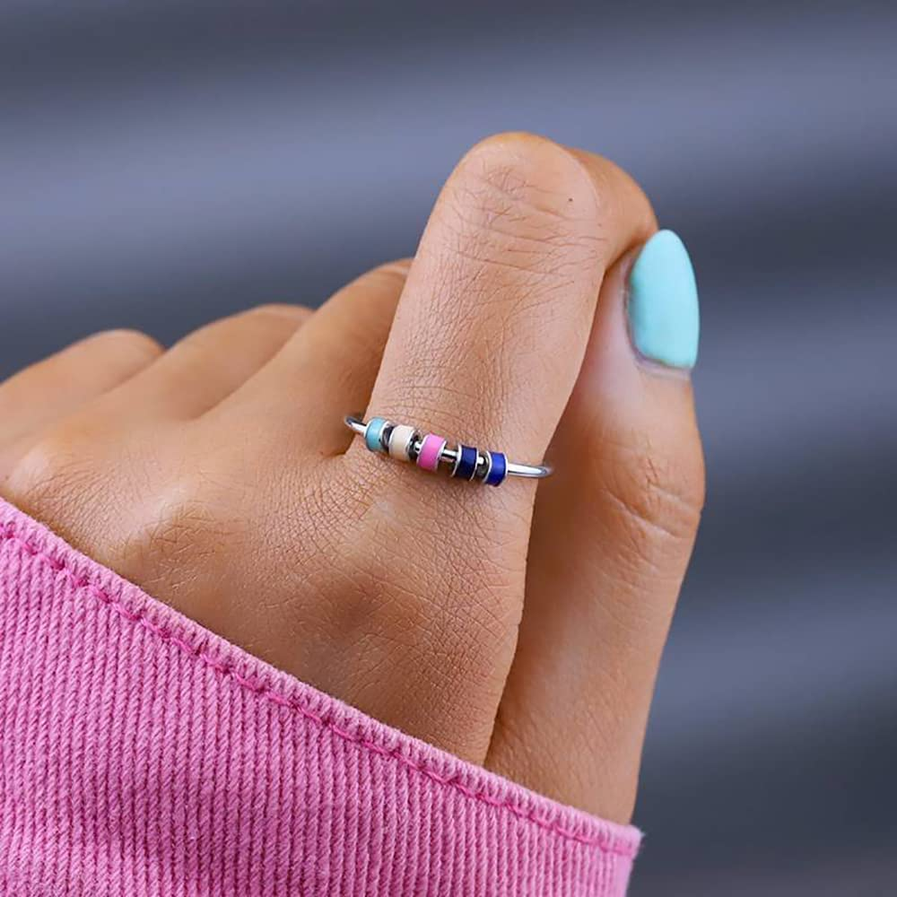 LIU JUN Enamel Fidget Rings for Anxiety Women, to My Daughter Anti-Anxiety Multicolor Stainless Steel Stress Relief Spinner Rings with Beads Your Anxiety Is Lying to You Anxiety Ring for Kids, Enamel, No Gemstone image number 2