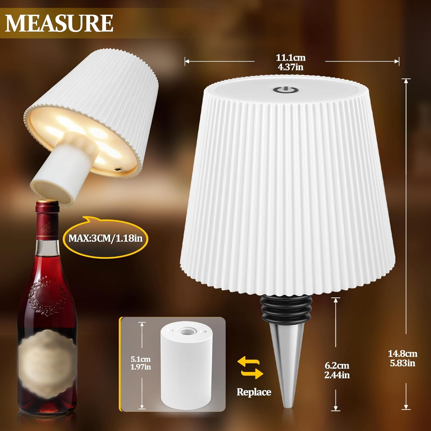 Bottle Lamp Attachment LED Rechargeable, 3 Adjustable Colour Temperature Modes, Touch Bottle Lamp, Protection Class IP54, Wireless USB Rechargeable Table Lamps, for Restaurant, Bedroom, Garden, Bar image number 2