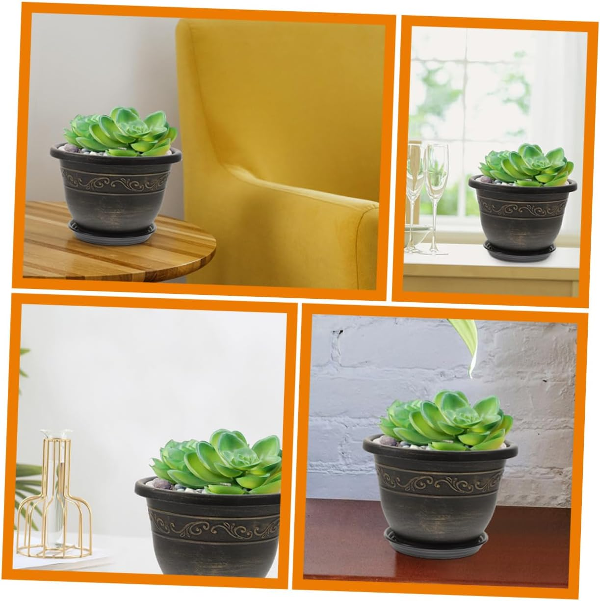 CAXUSD 4Sets Resin Flower Pot round Bonsai Planters Tray Gardening Container for Indoor Outdoor Use Decorative Household Garden Supply image number 3