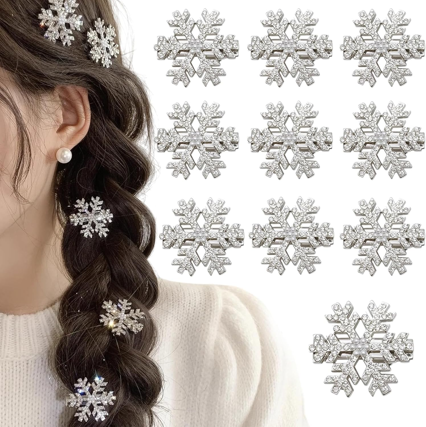 Snowflake Hair Clip Set, 10 Pieces Exquisite Christmas Snowflake Hair Clips, Snowflakes Hair Accessories Hair Clip with Shiny Rhinestones for Women Girls Winter Christmas Party Gift (B) image number 5