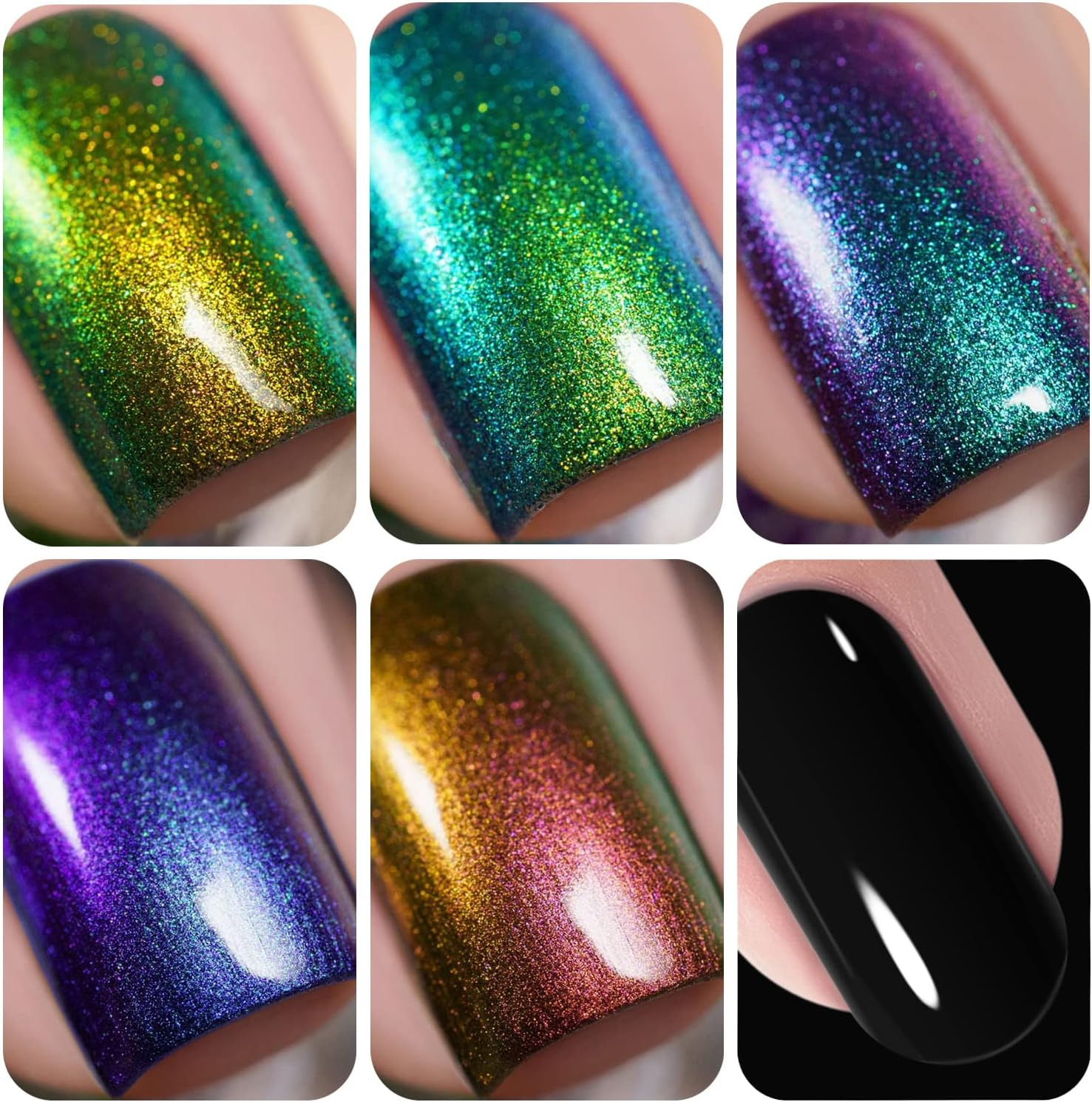 Vishine Chameleon Gel Nail Polish Set Holographic Glitter Polish Sparkle Shimmer Nail Art Polish with Black Base Gel Polish Multicolored Nail Art DIY 8Ml 6Pcs