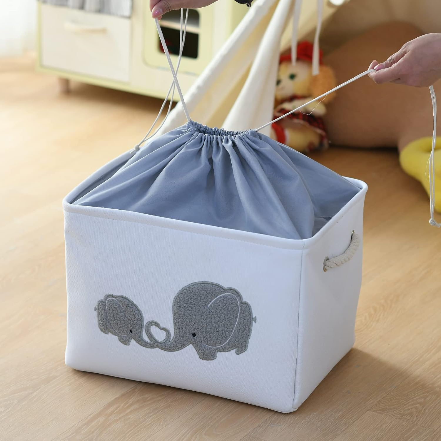 Inough Baby Gift Baskets Empty Large Storage Container Fabric Toys Basket, Elephant Toy Box with Drawstring Closure for Wipes and Diapers, Nursery Organizers Kidsroom Room, Grey Furry Elephant image number 5