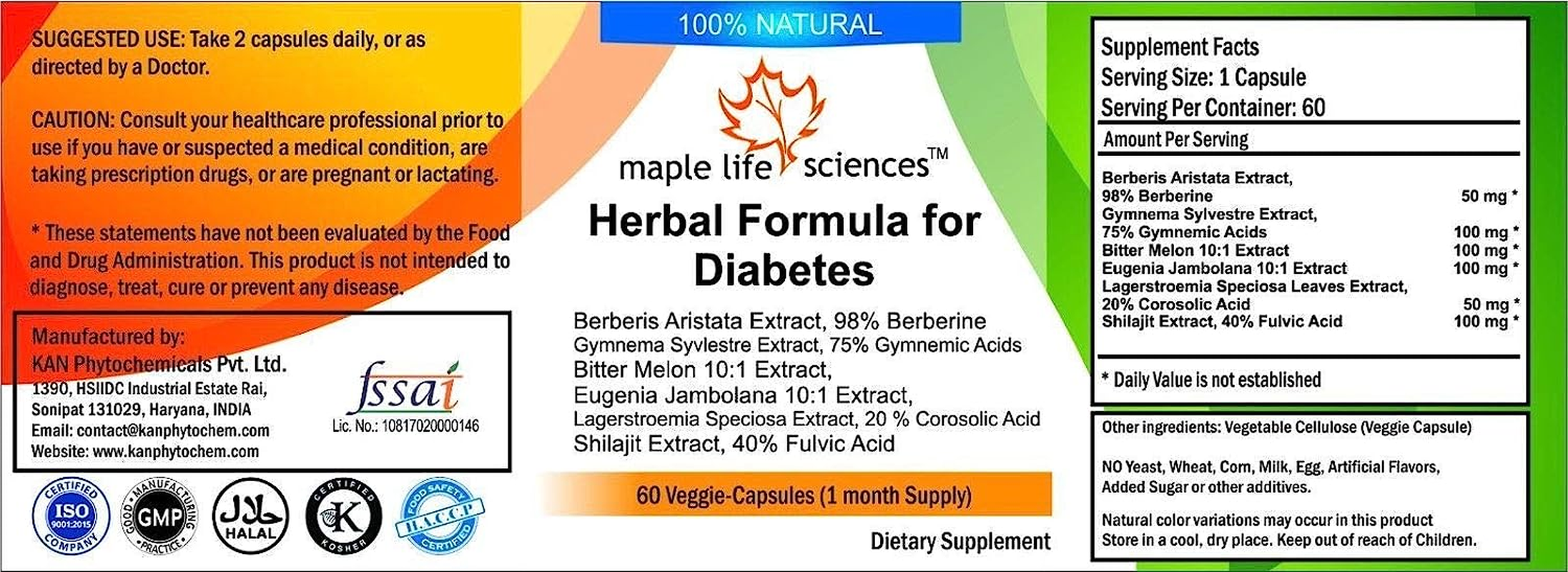 Berberine 98% Blend with Gymnema, Bitter Melon, Eugenia, Banaba, Shilajeet - 500Mg - 60 Vegan Capsules - Helps with Diabetes